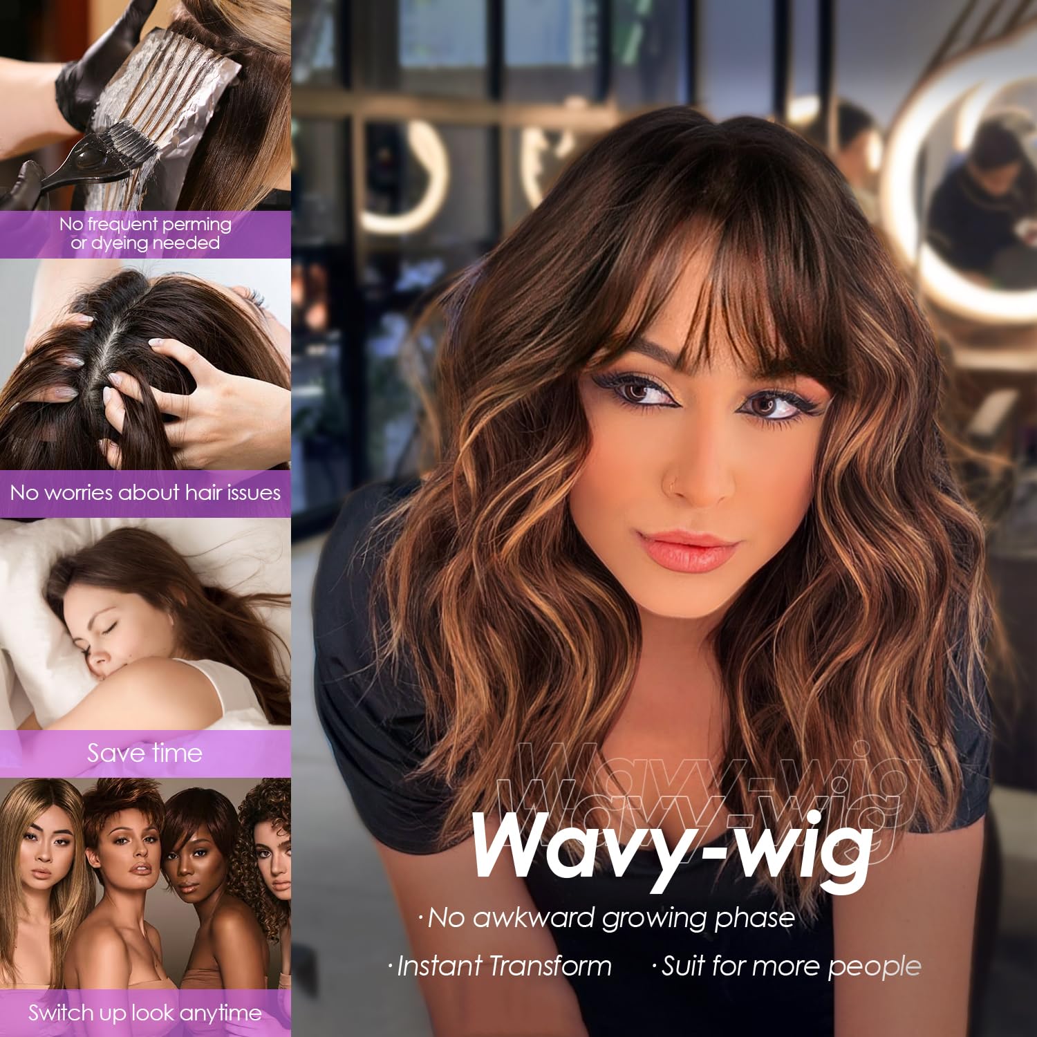Aokiya Bob Wavy Wig cap adjustment and texture closeup for breathable fit.