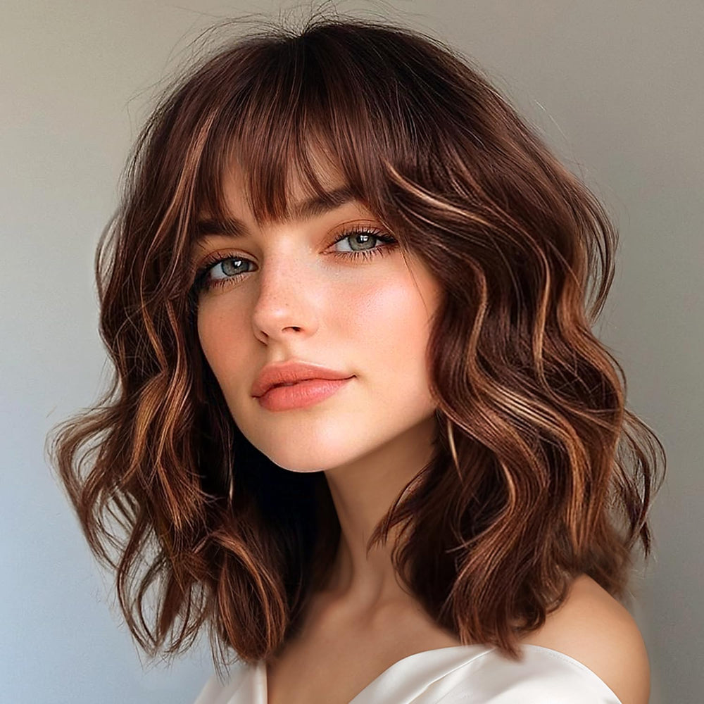 Aokiya Bob Wavy Wig front view with natural curls and reddish caramel shade for everyday style.
