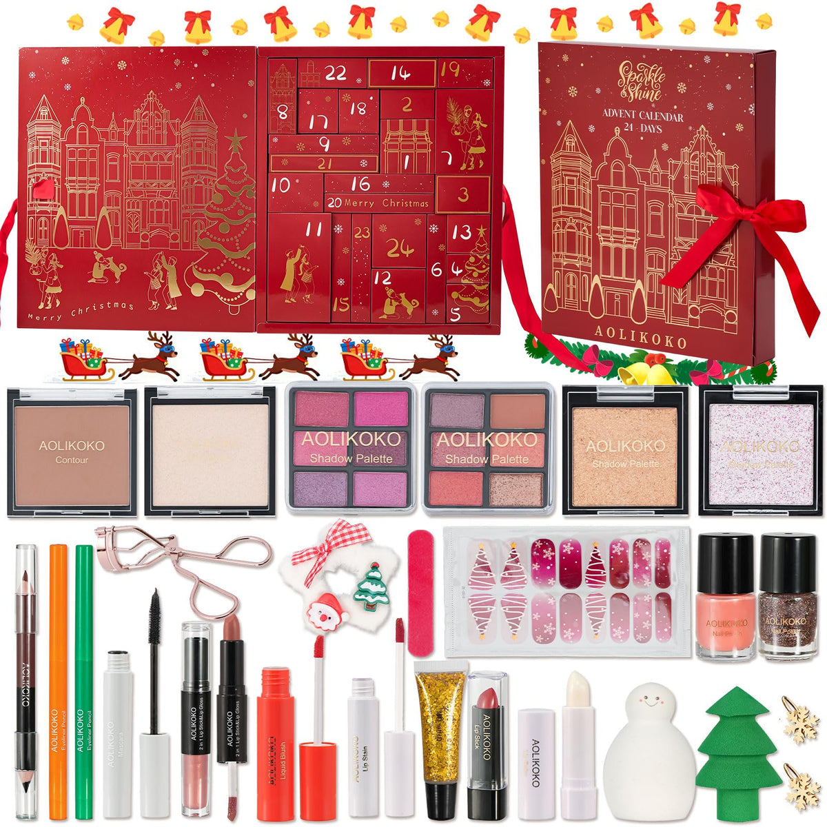 AOLIKOKO makeup advent calendar 2025 front cover shows festive packaging for holiday gifting.