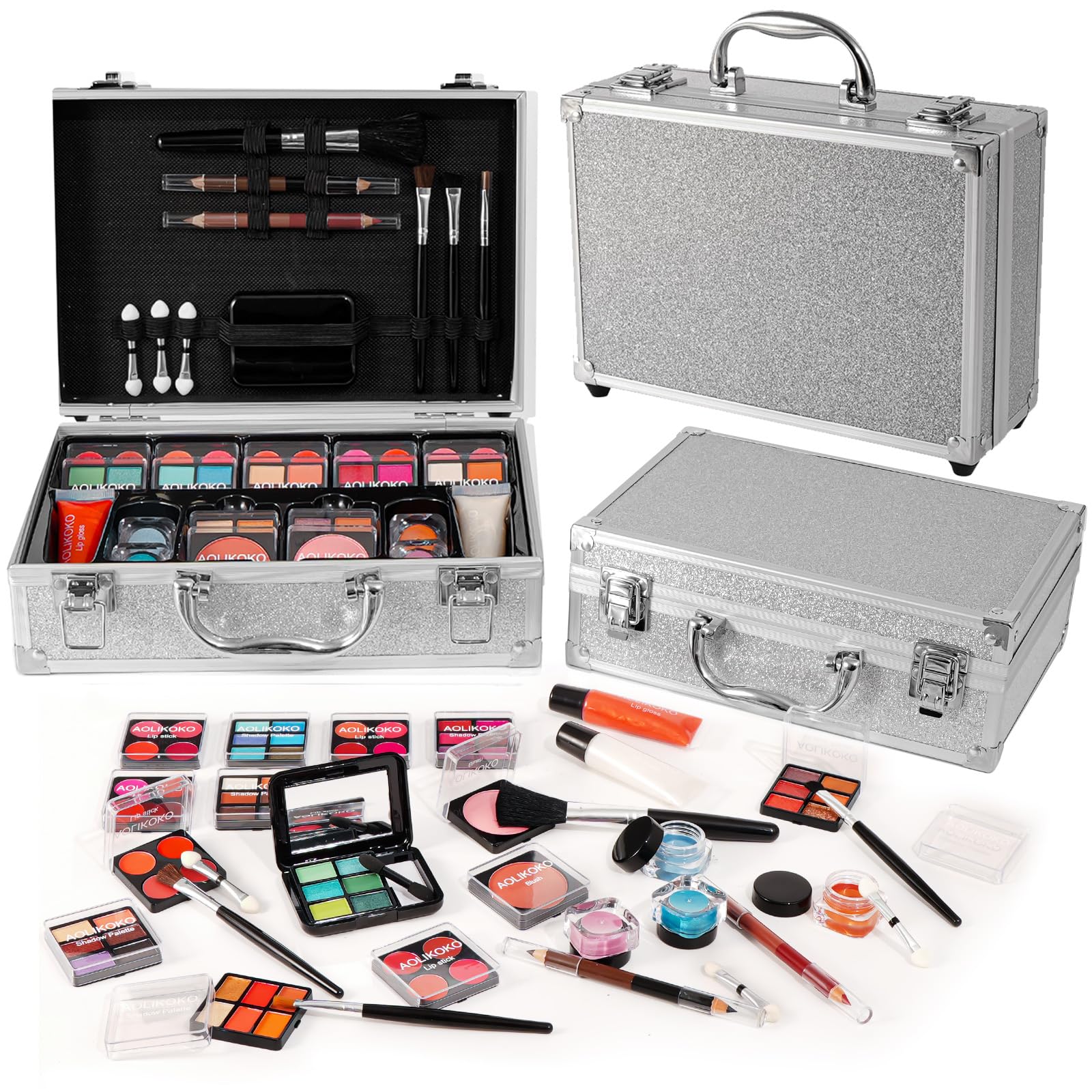 AOLIKOKO makeup kit train case in silver keeps cosmetics organized for on-the-go touch-ups.