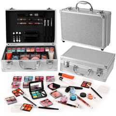 AOLIKOKO makeup kit train case in silver keeps cosmetics organized for on-the-go touch-ups.