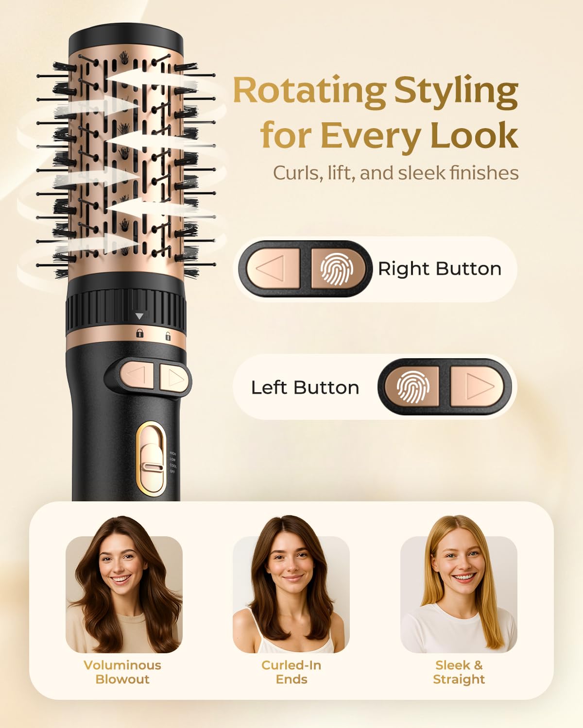 AOOKO rotating hair dryer brush with 1.5-inch brush for sleek straight styles