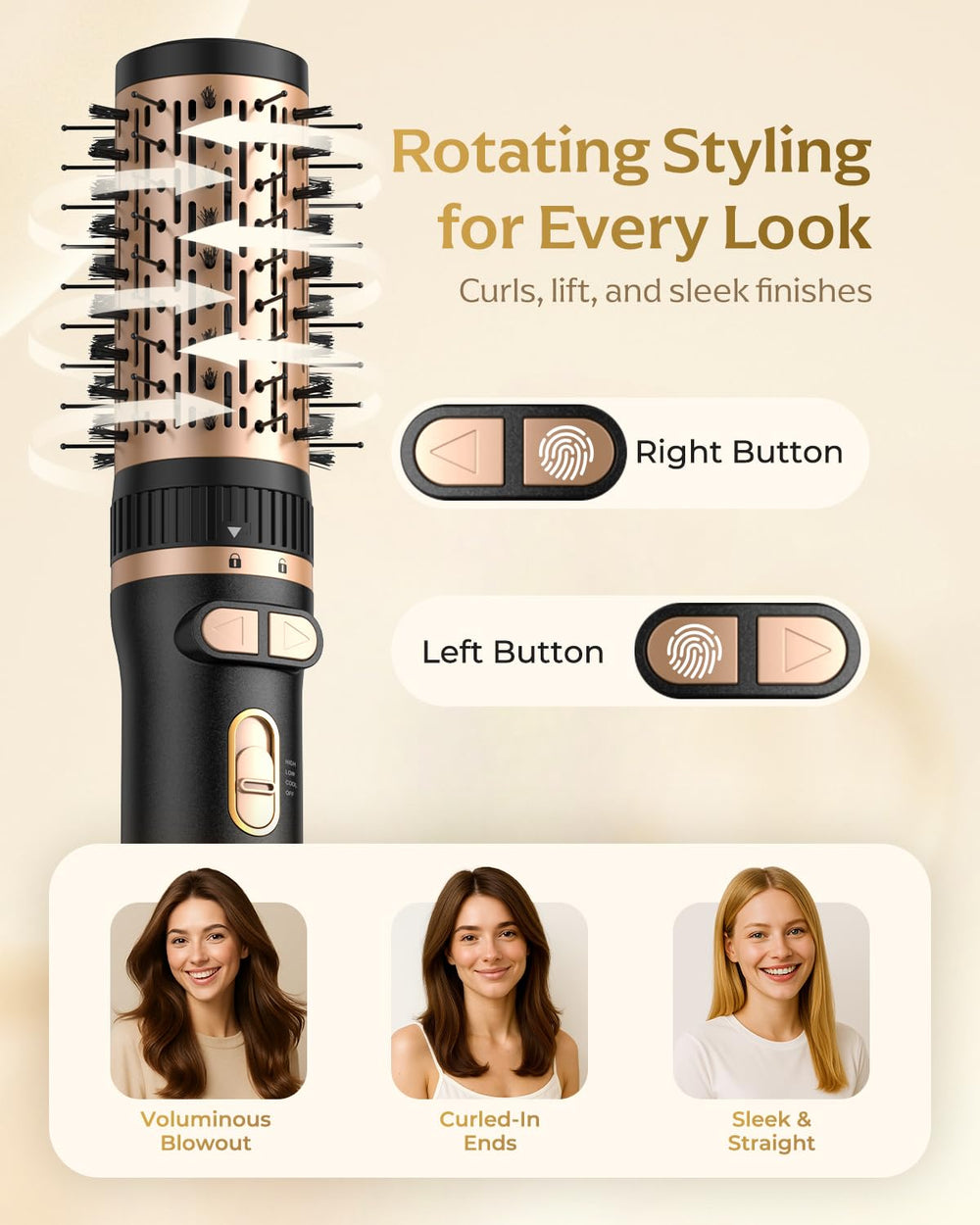 AOOKO rotating hair dryer brush with 1.5-inch brush for sleek straight styles