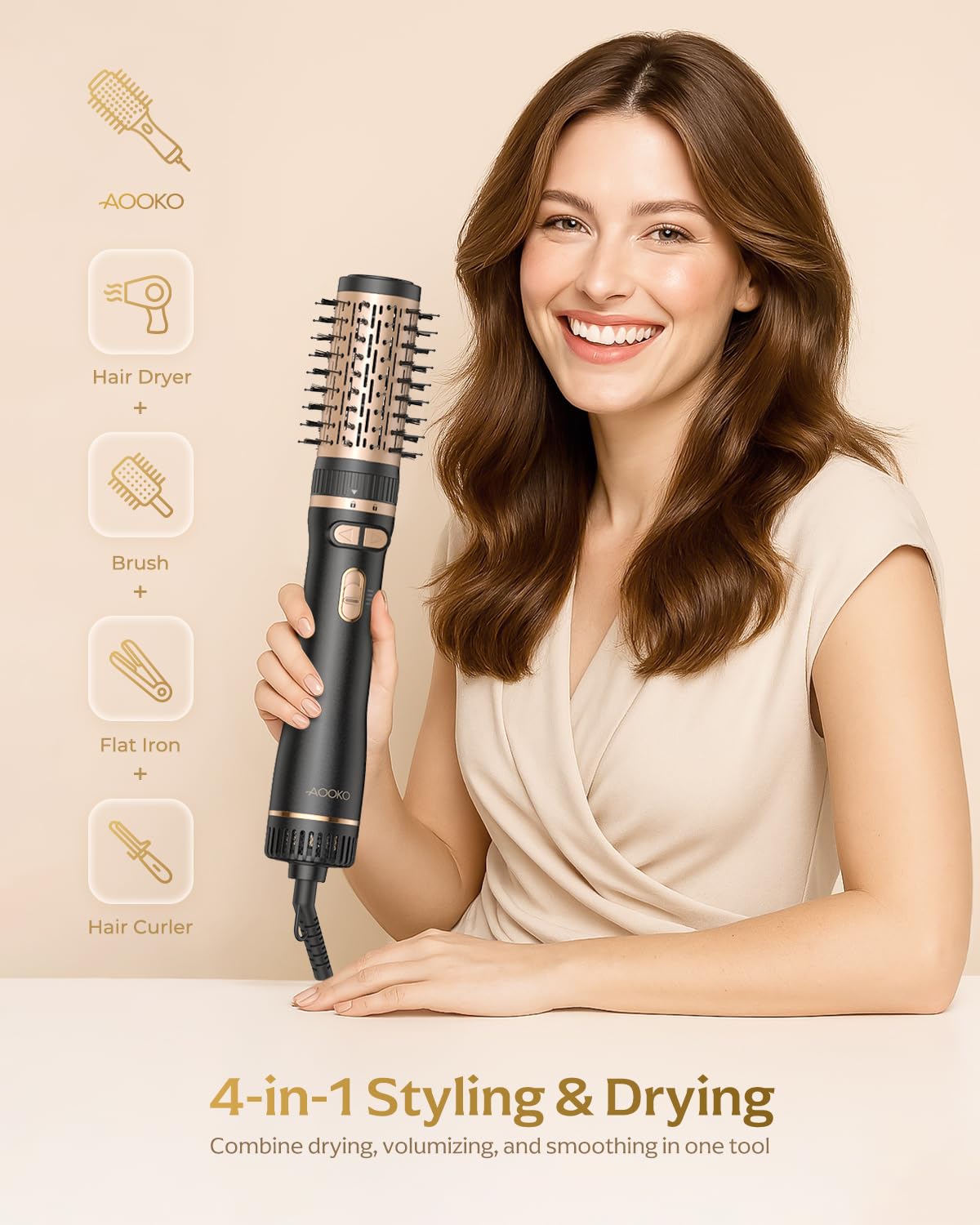 AOOKO rotating hair dryer brush with 2-inch brush attachment for voluminous waves
