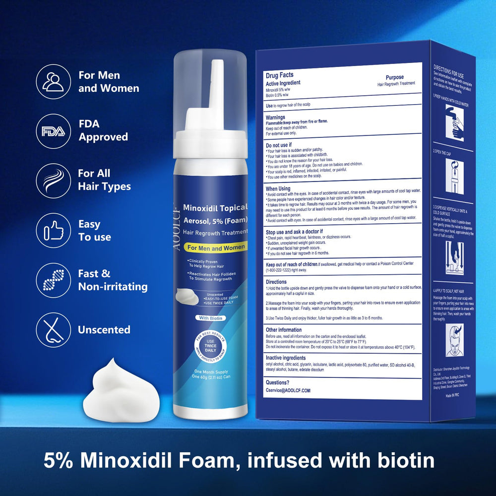 AOOLCF minoxidil foam bottle label highlights biotin-infused formula for healthier hair.