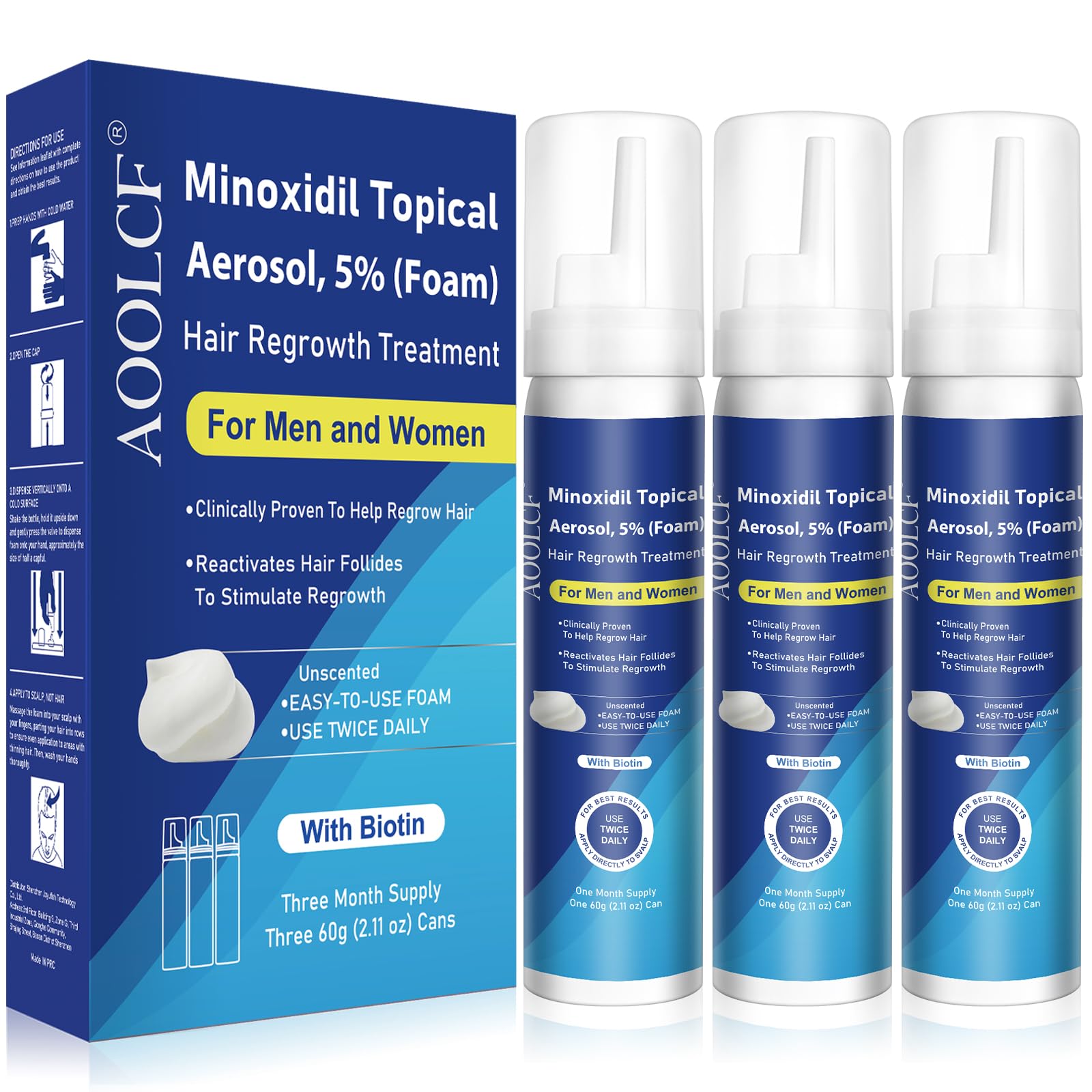 AOOLCF 5% Minoxidil Foam bottle ready for scalp application promoting thicker hair.