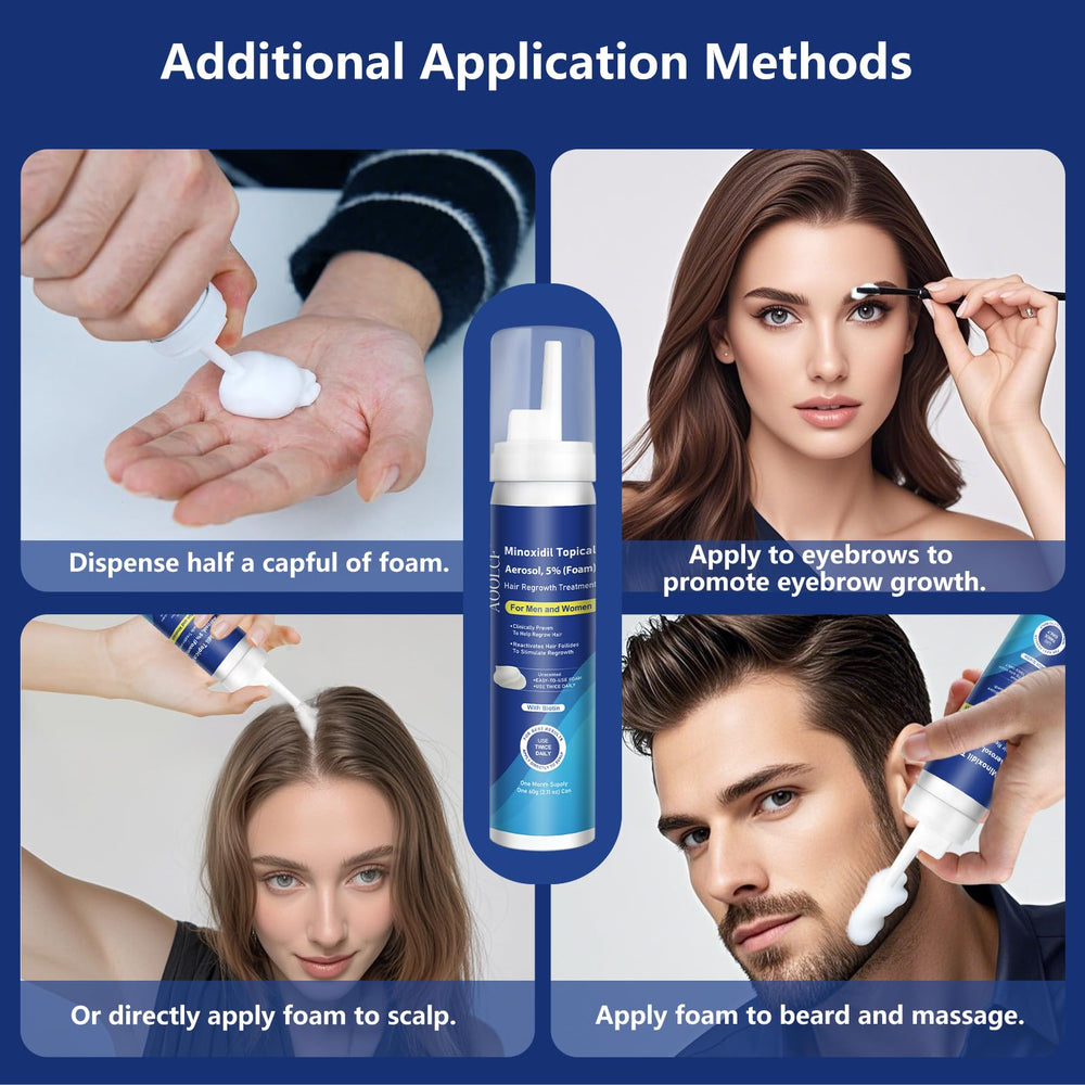 AOOLCF minoxidil foam on temples illustrating density-boosting application in daily routine.
