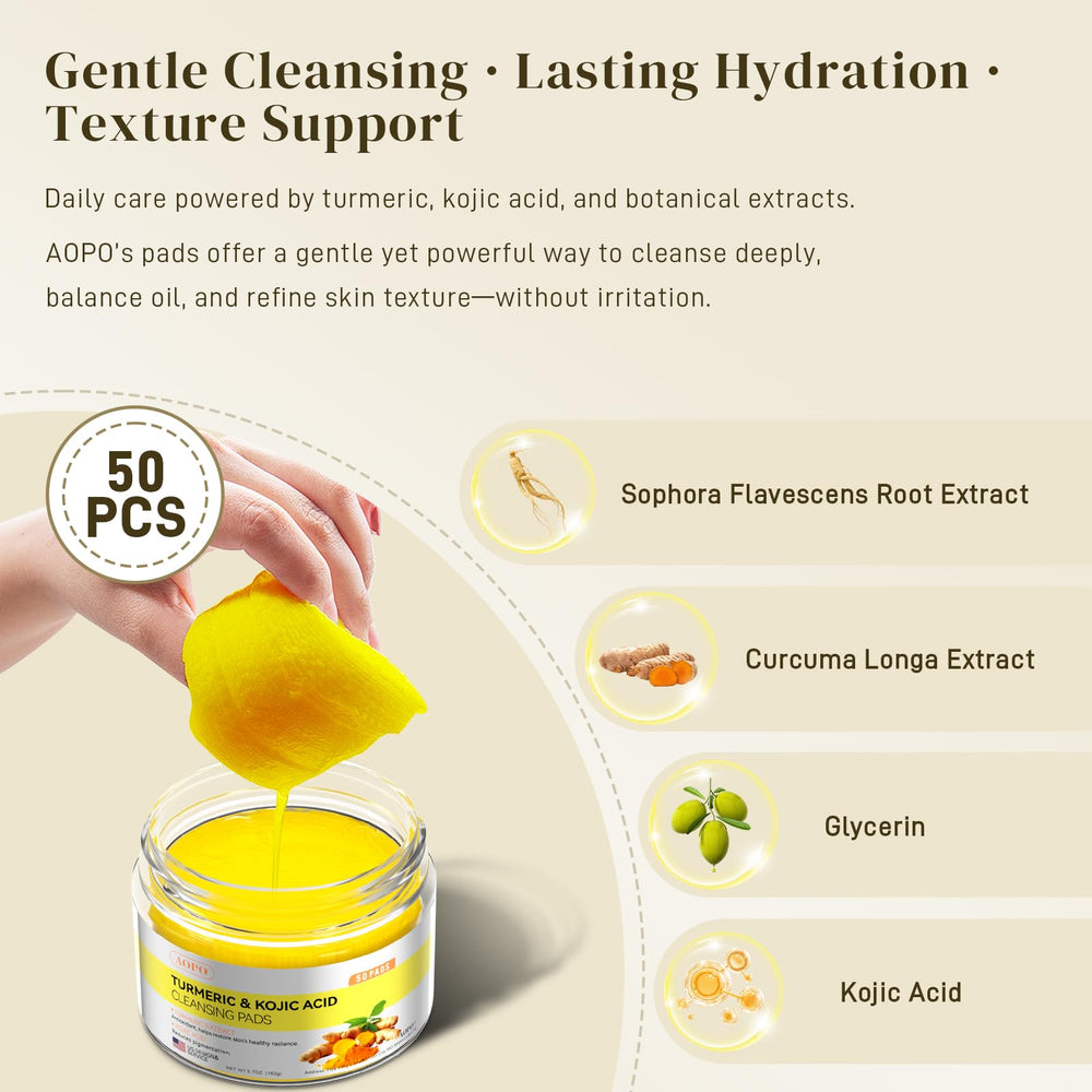 AOPO Natural ingredients cleansing pad with turmeric and kojic for clean skin.