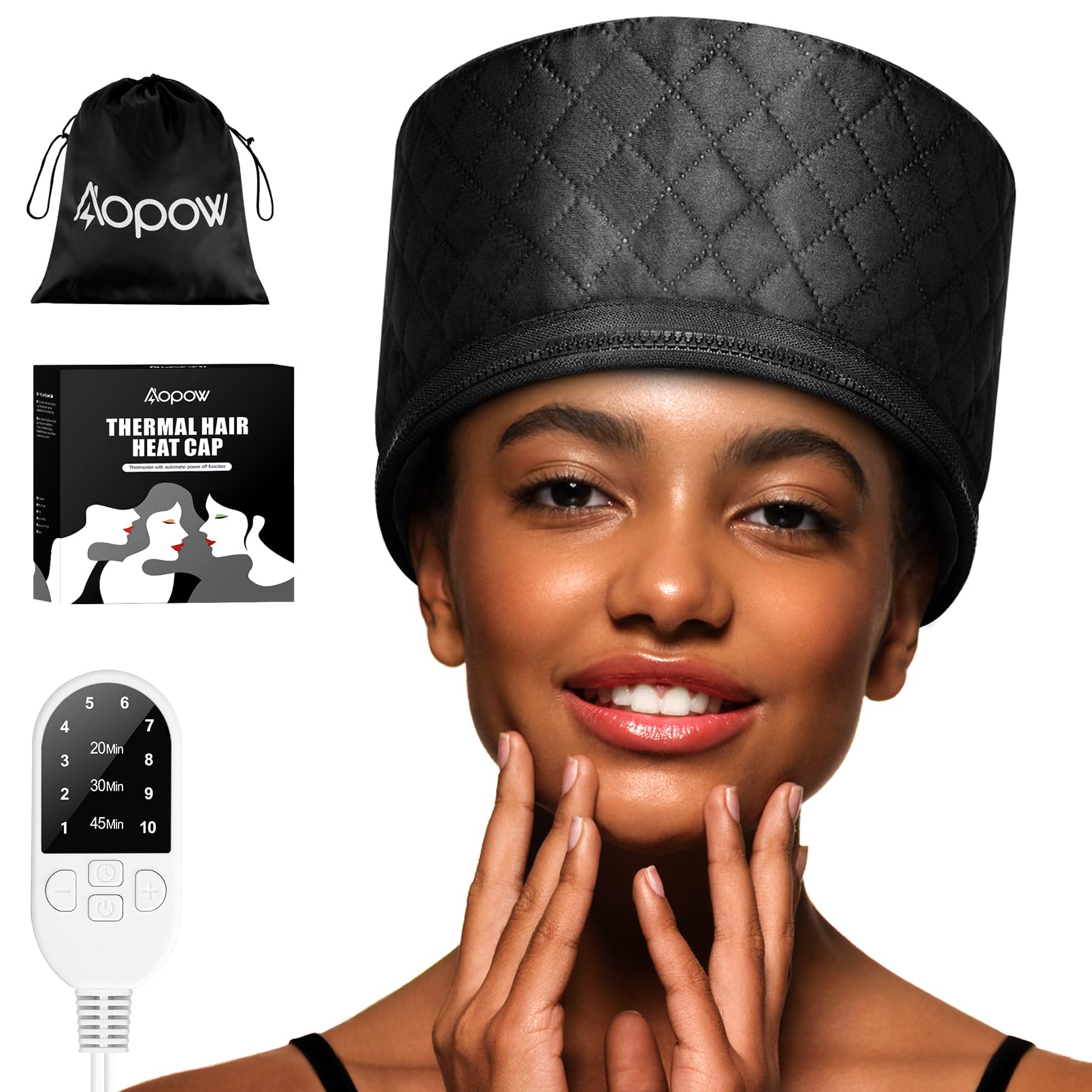 aopow heat cap front view showing sleek design for at-home conditioning