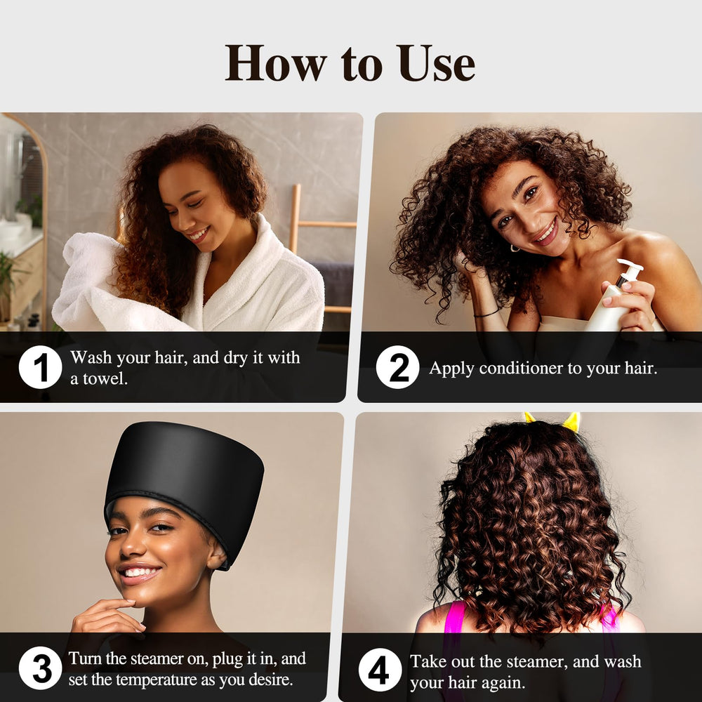 aopow steamer cap during-treatment shot conveys gentle heat and product absorption.