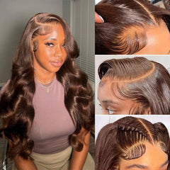Aoque chocolate brown lace front wig, 30 inches, natural parting for versatile styling.