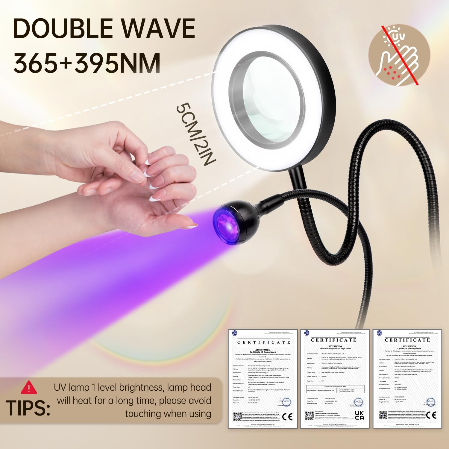 AORAEM LED UV Nail Lamp quick cure in 30-60 seconds within 2 inches.