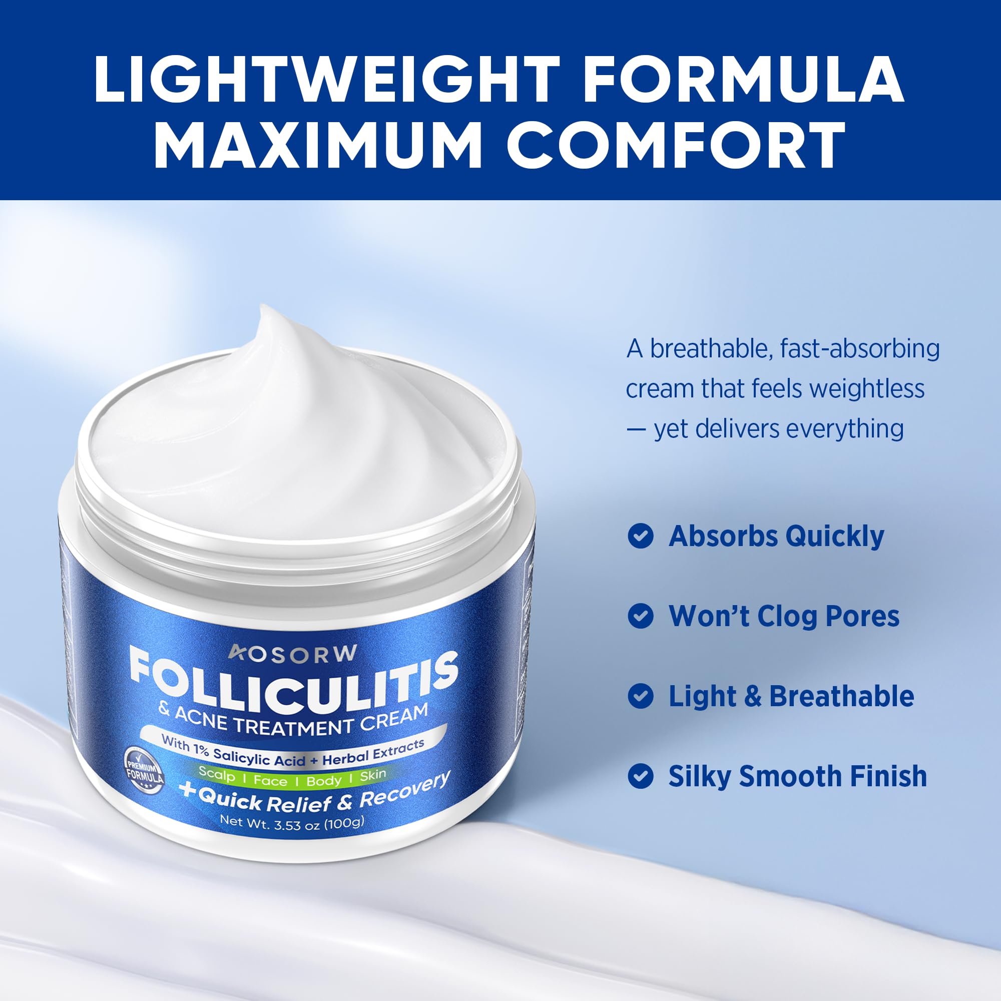 AOSORW body-care usage illustrates multi-area application on body skin.