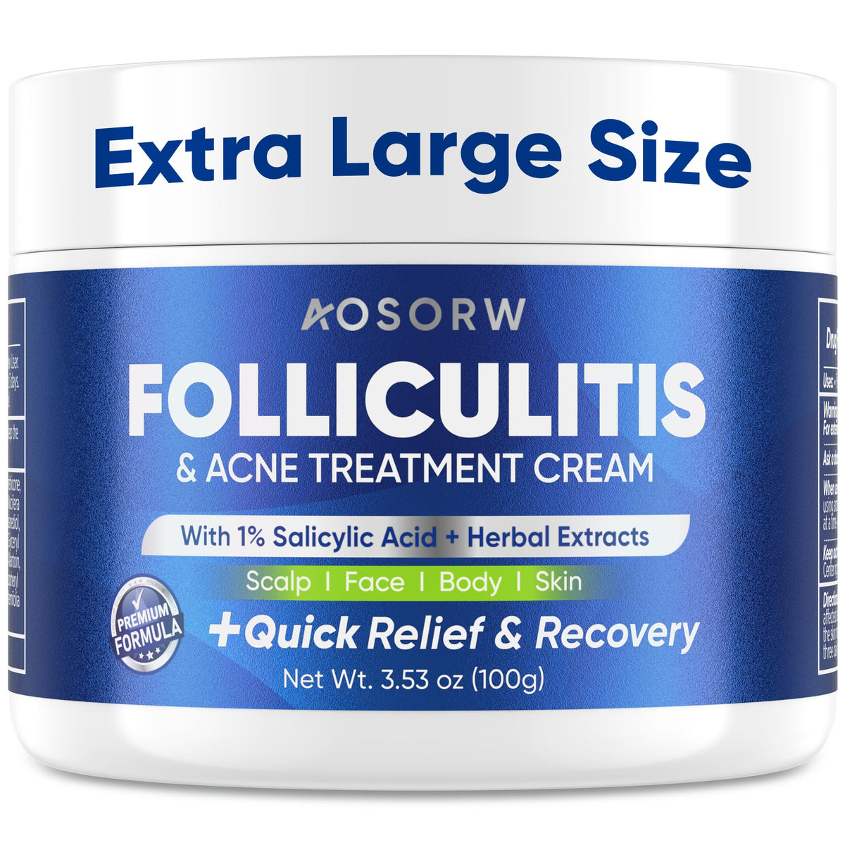 AOSORW Folliculitis and Acne Treatment Cream bottle shows quick absorption for daily use.
