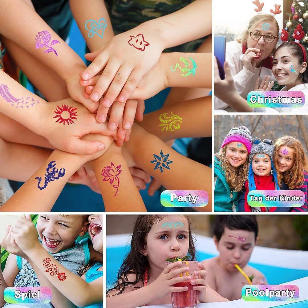 Aottom glitter tattoo stencils pack enables creative designs for quick, eye-catching body art.