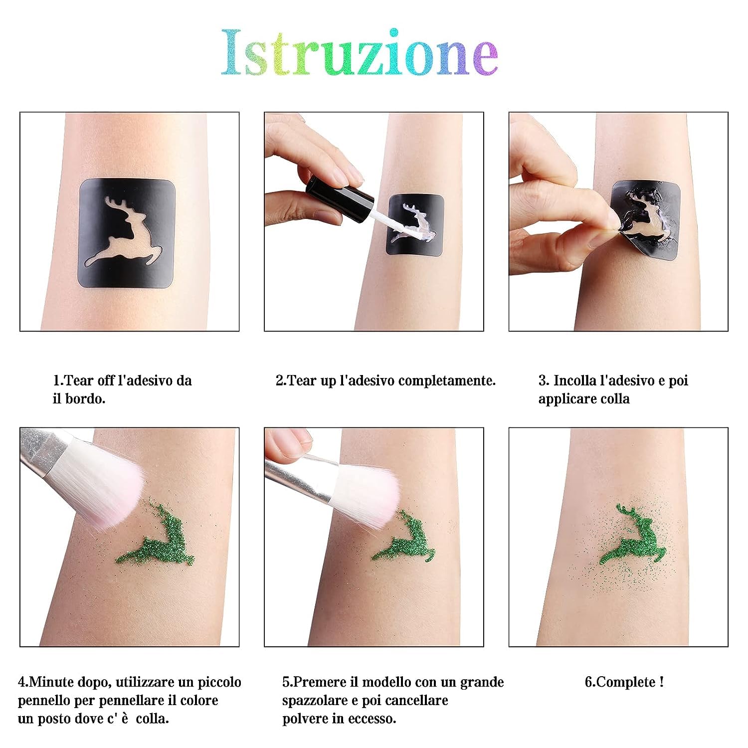 Aottom glitter tattoo in action at a party showcases playful body art.