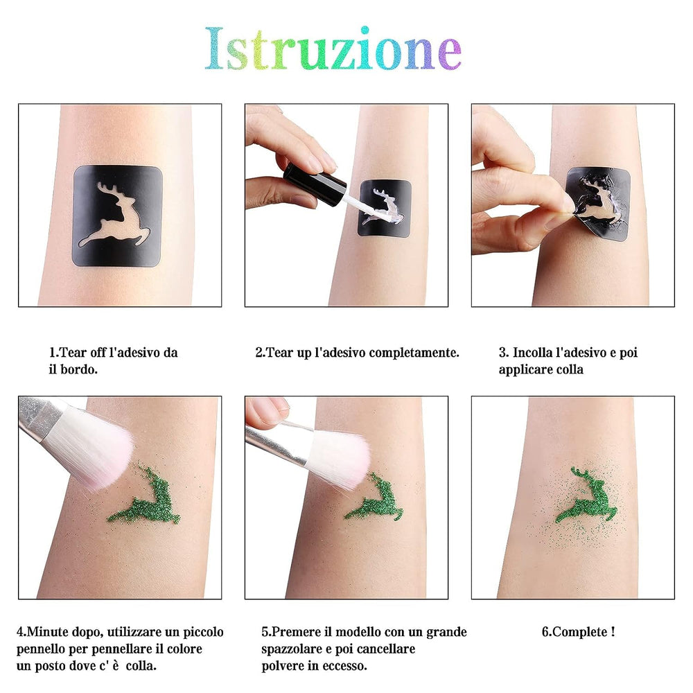 Aottom glitter tattoo in action at a party showcases playful body art.