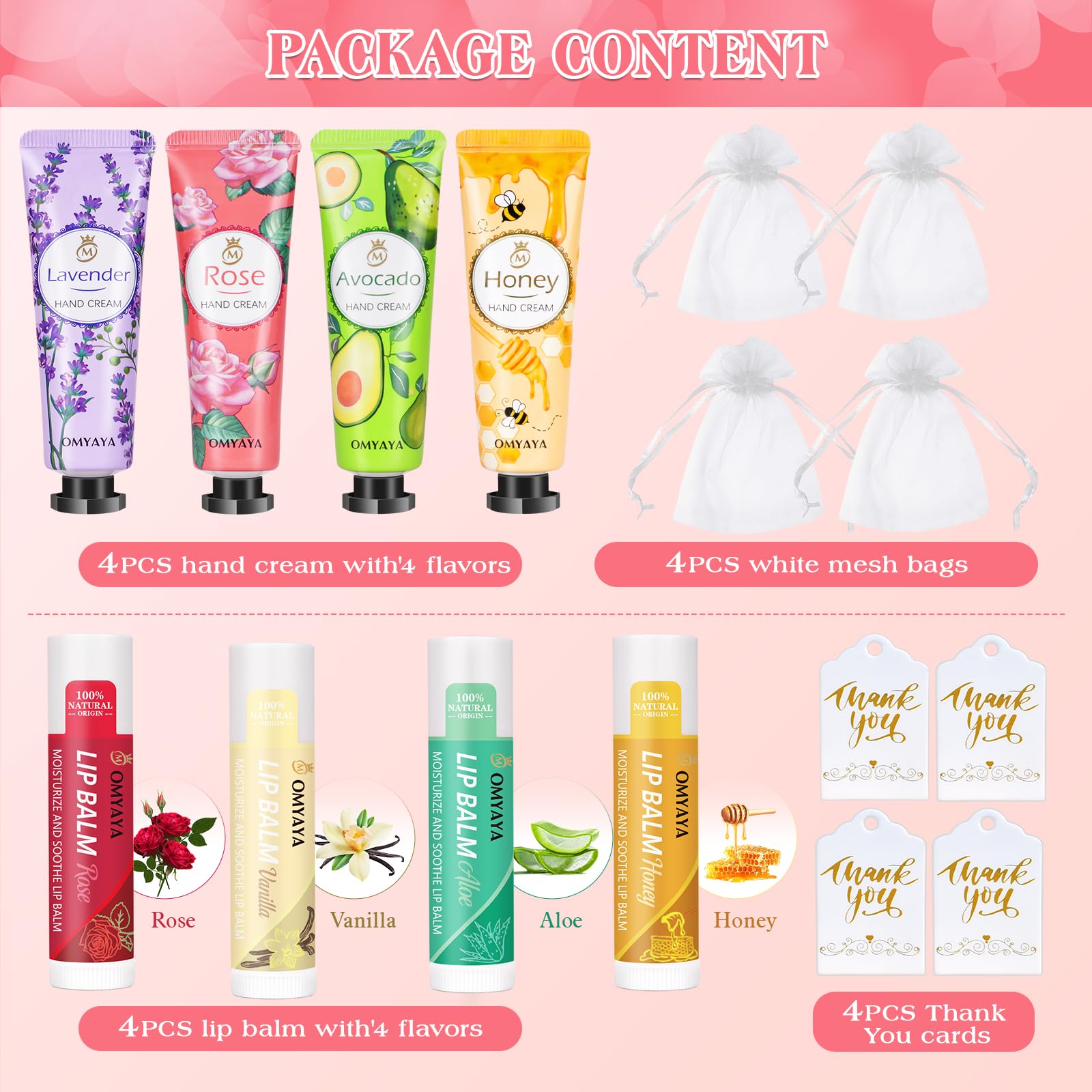 Aottom lip balms in four fragrances arranged for gifting and variety