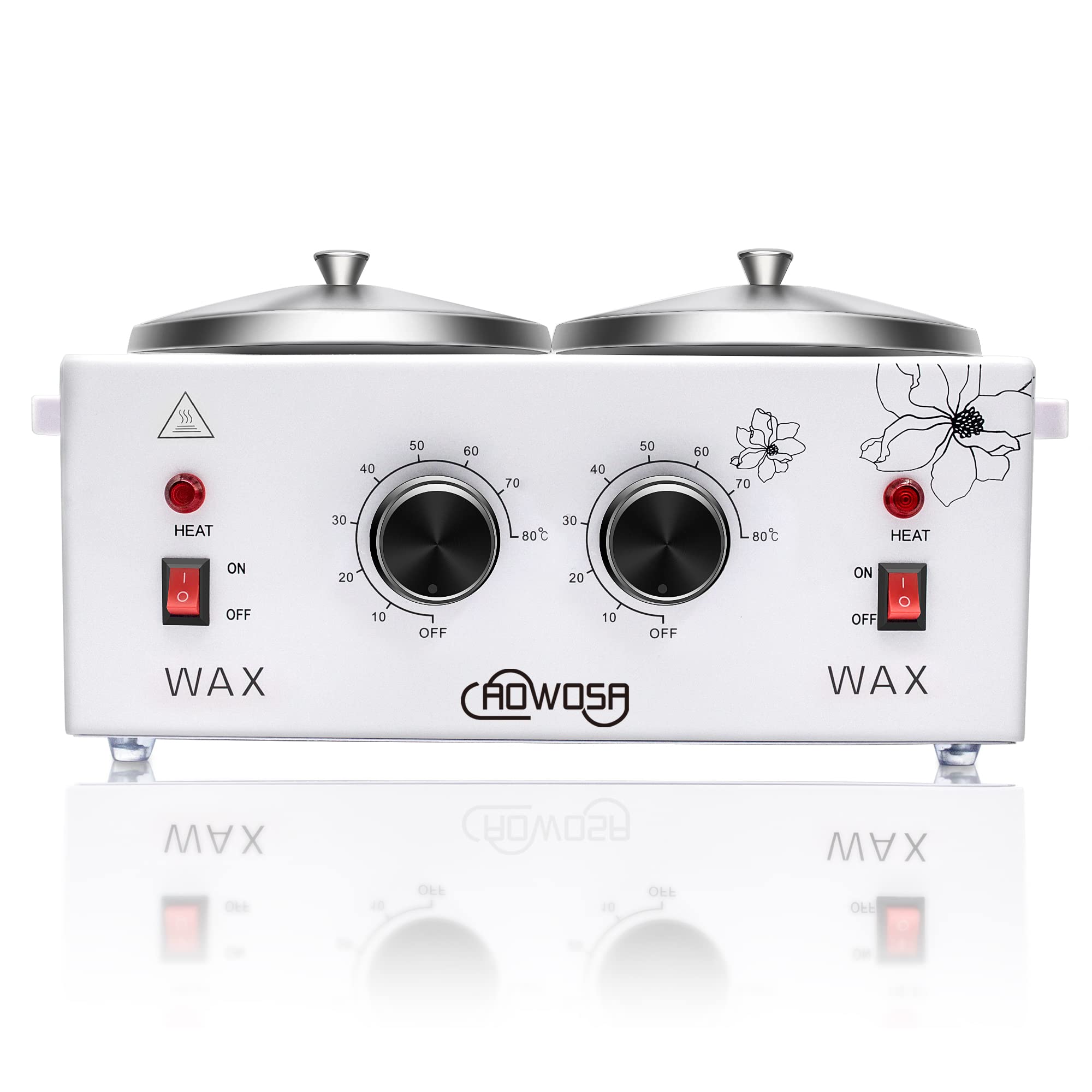 AOWOSA double wax warmer front view with dual pots for efficient professional waxing sessions