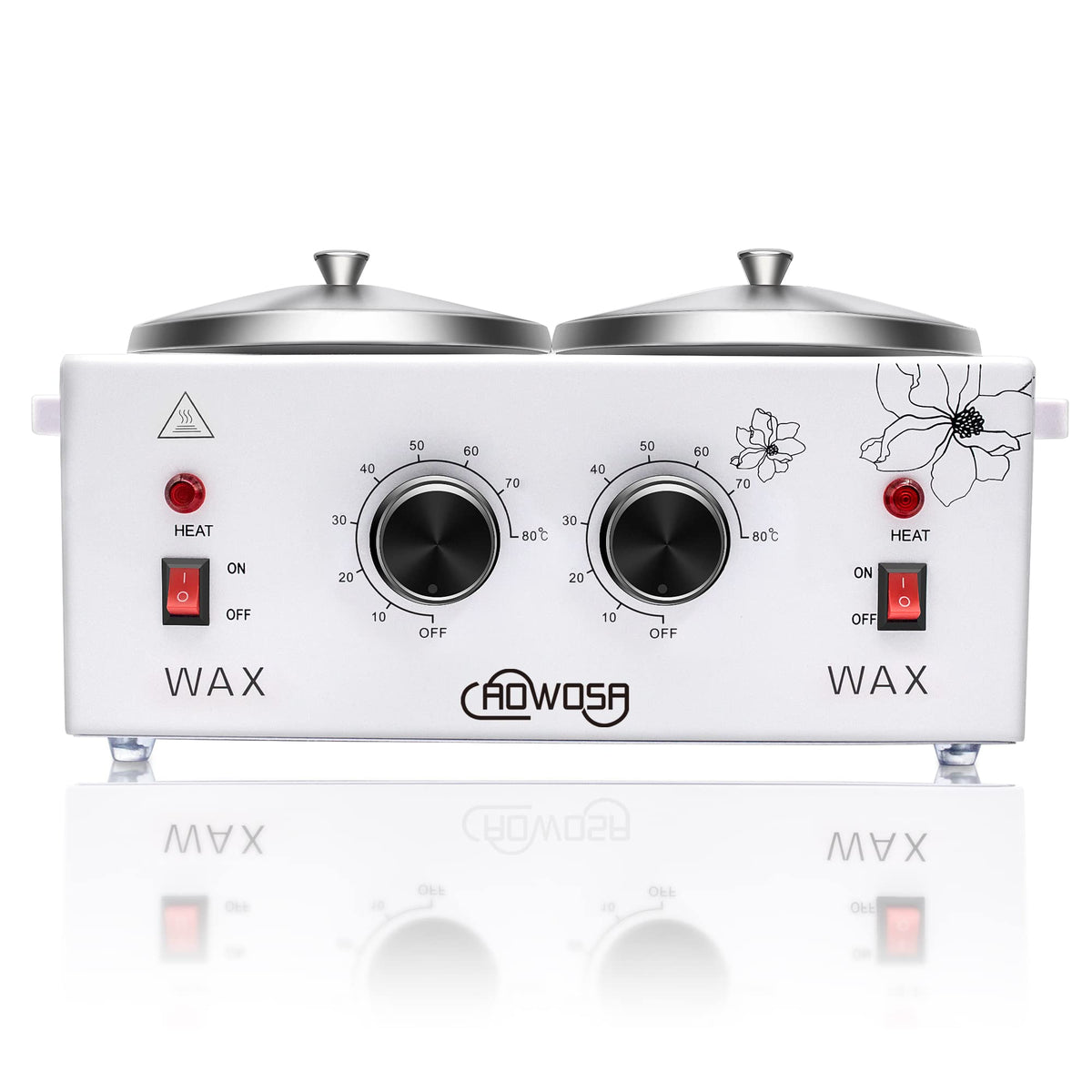 AOWOSA double wax warmer front view with dual pots for efficient professional waxing sessions