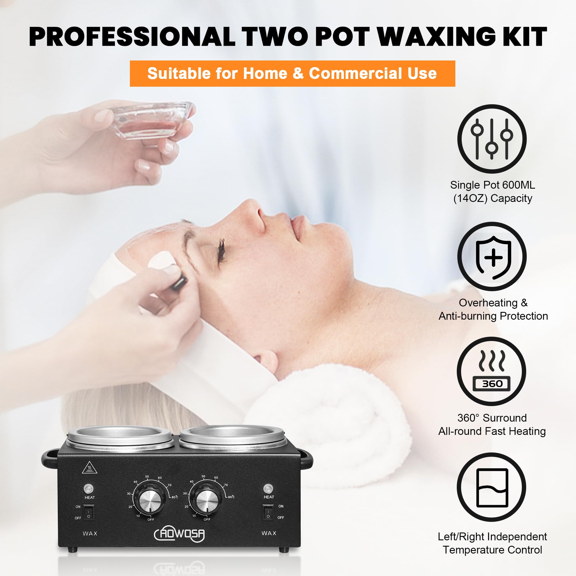AOWOSA double wax warmer showing left pot and independent temperature controls.