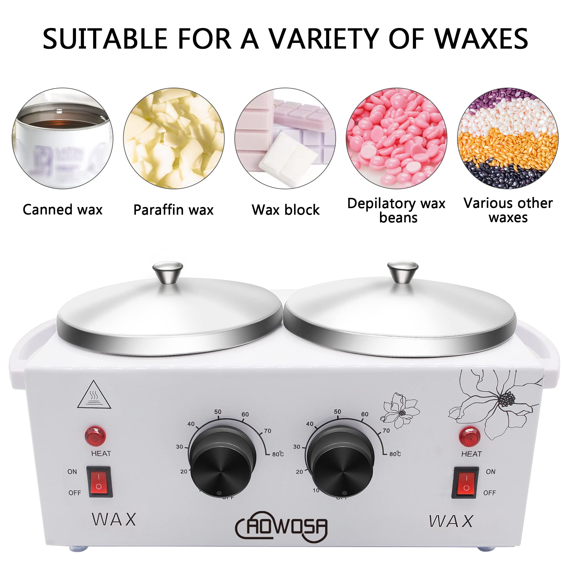 AOWOSA dual-pot wax heater side view showing independent temperature controls for each pot