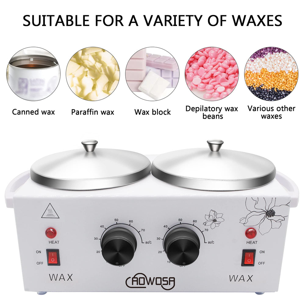 AOWOSA dual-pot wax heater side view showing independent temperature controls for each pot