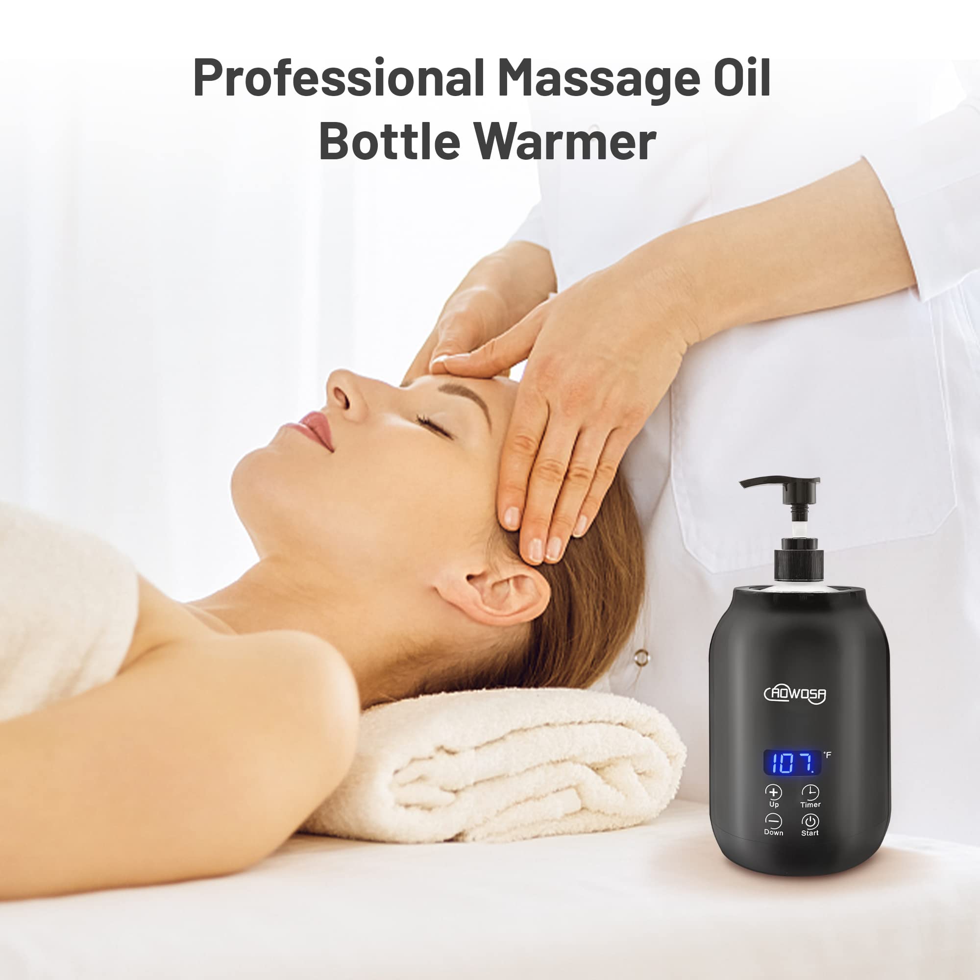 AOWOSA massage-oil-warmer-bottle-automatic-timer illustrating scheduled heating