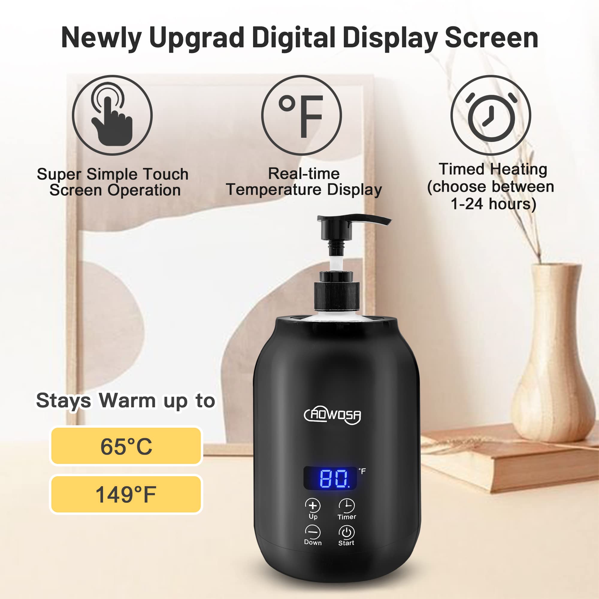 AOWOSA massage-oil-warmer-bottle-digital-control highlighting adjustable temperature and timer