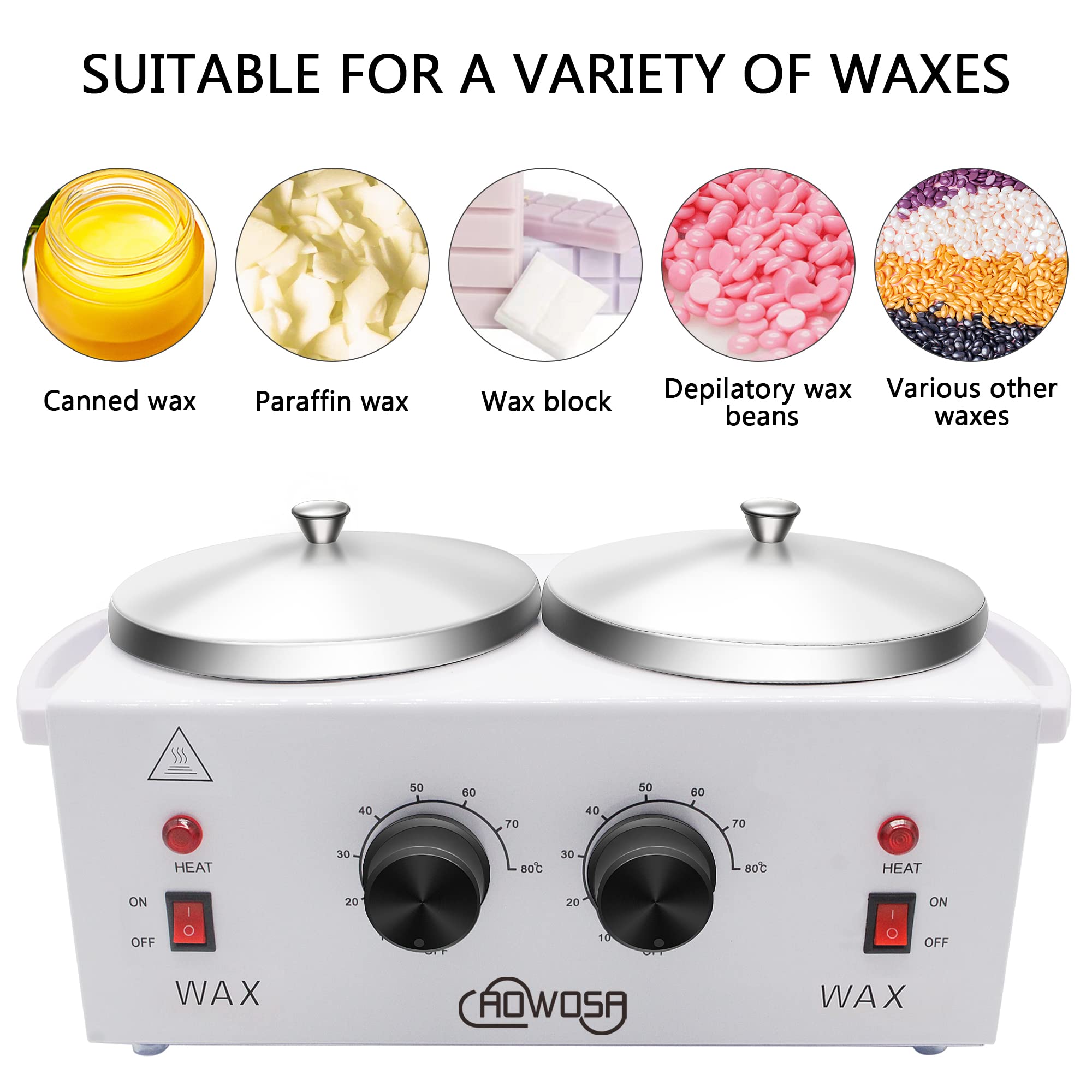 AOWOSA professional wax warmer left control panel showing independent temp control