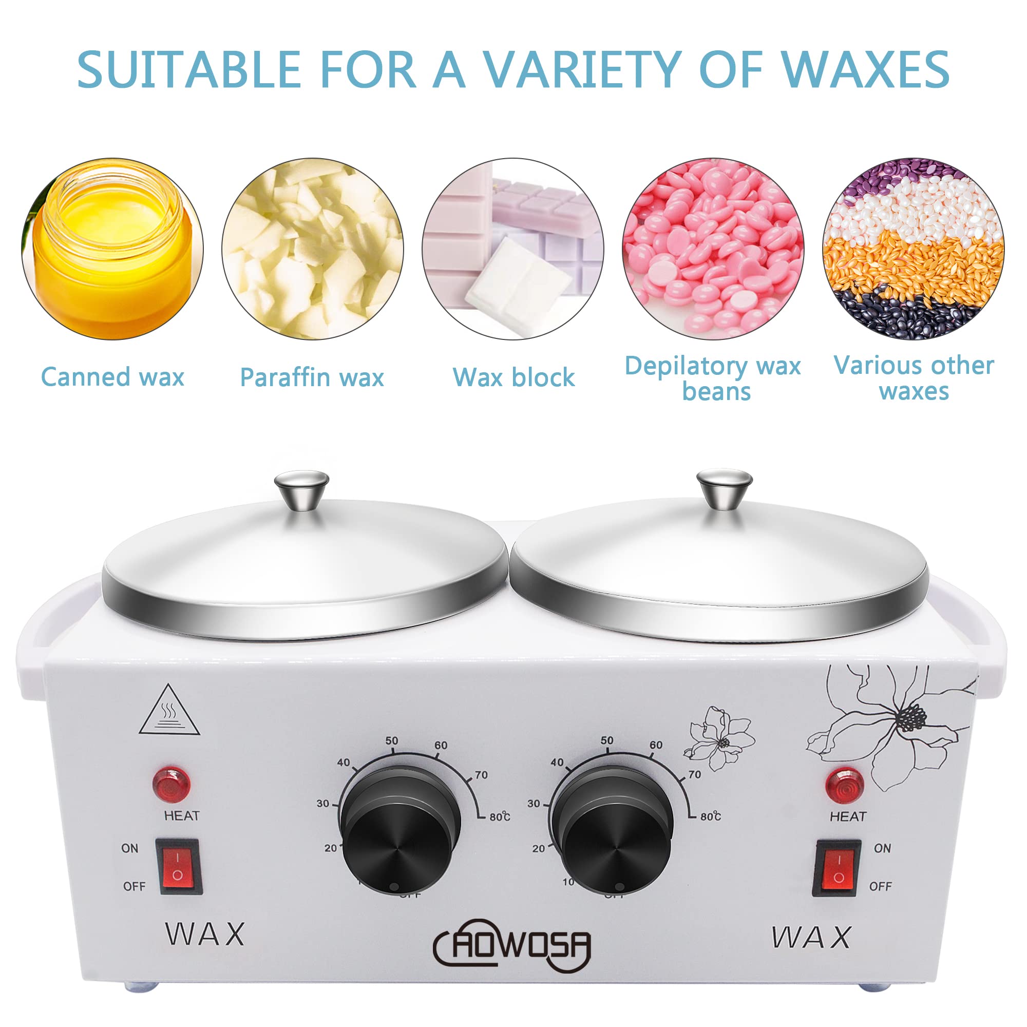 AOWOSA dual-pot wax heater side view showing even temperature zones for different areas.