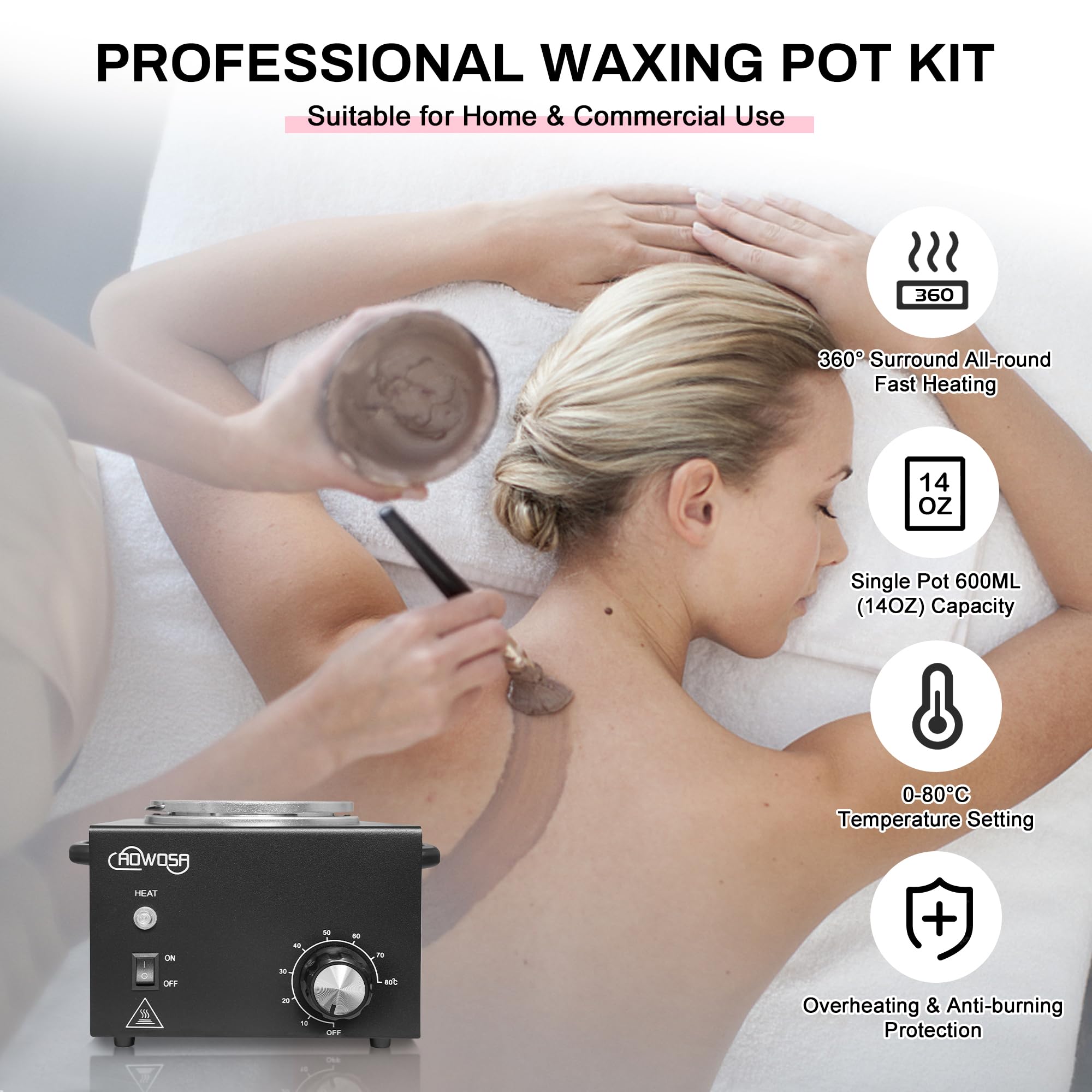 AOWOSA professional wax warmer temperature control dial focusing on customizable heat for waxing.