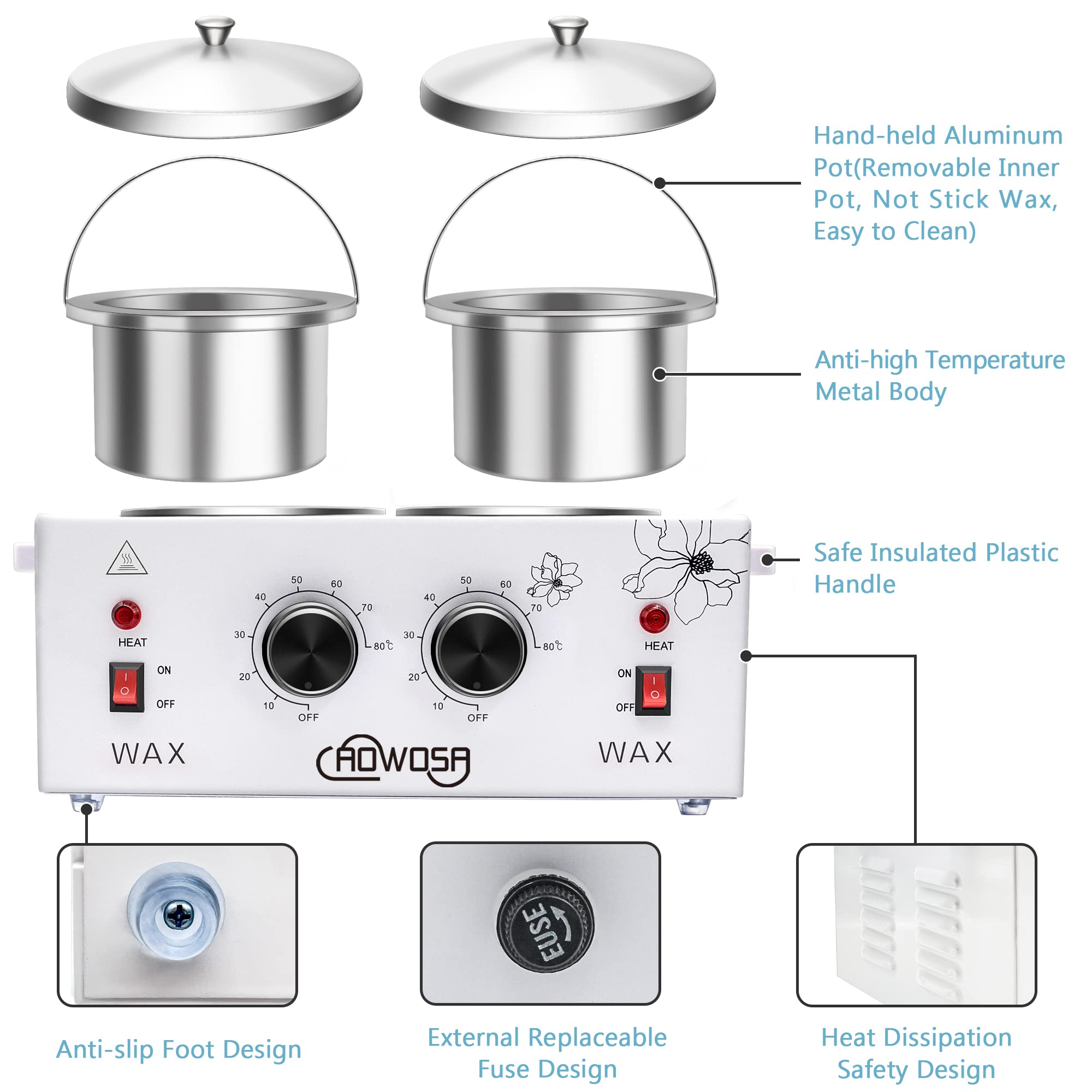 AOWOSA wax warmer temperature control dials enable precise settings for customization.
