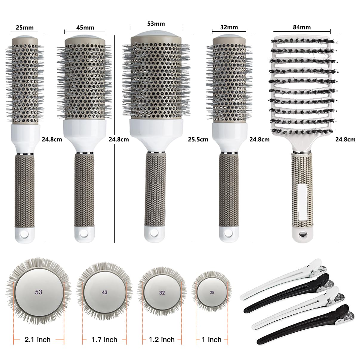 Aozzy round brush set with 32mm barrel adds volume and sleek finish.
