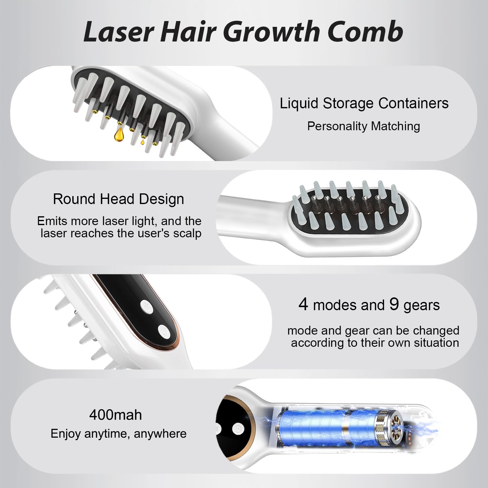Apbier Laser Hair Growth Comb closeup teeth highlights direct scalp contact for targeted light delivery.