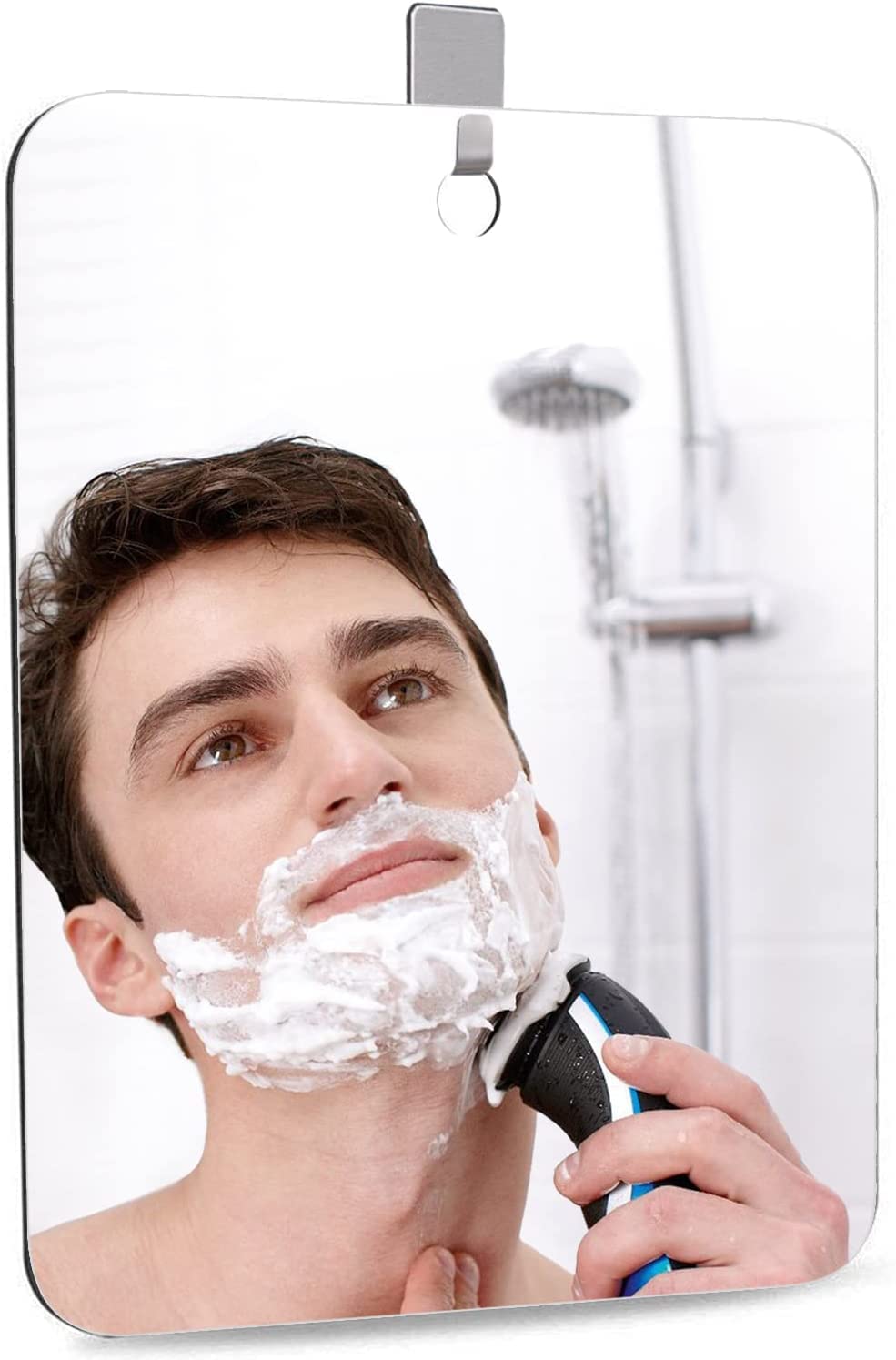 APHUIME fogless mirror shown in a steam-filled bathroom for quick grooming.
