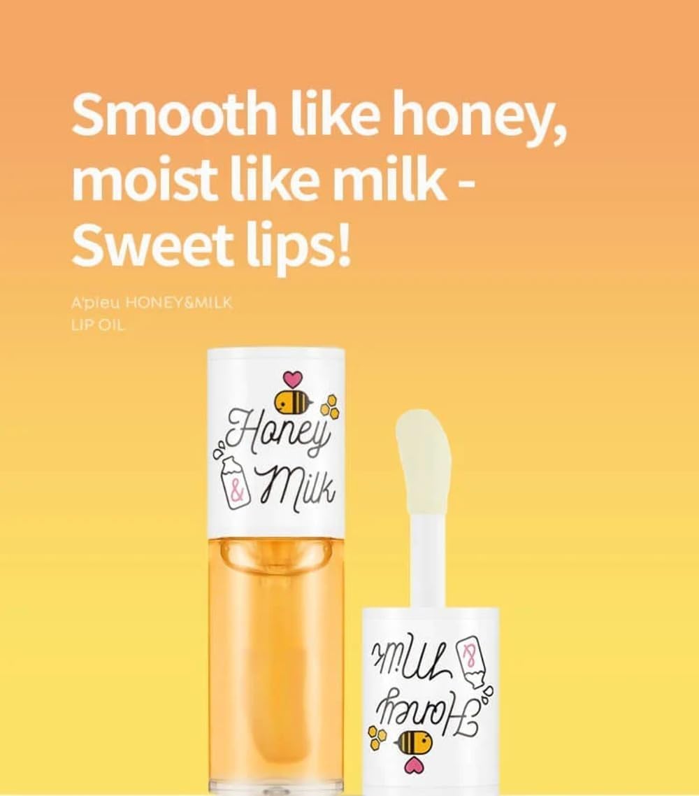 A'PIEU Honey & Milk Lip Oil swatch showing glossy finish for smooth lips.