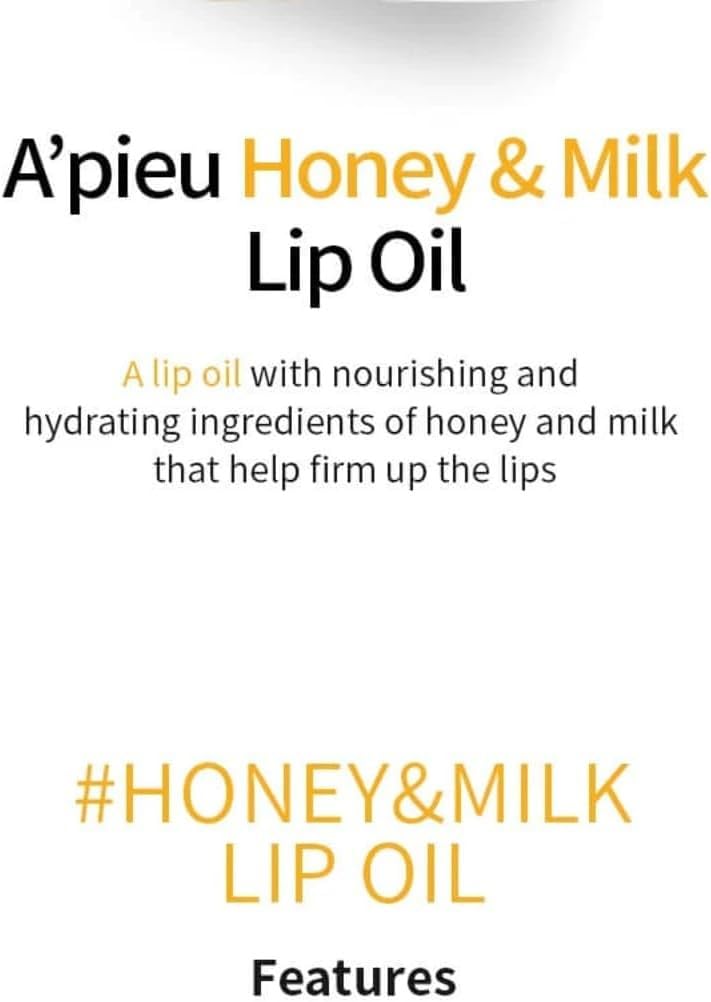 A'PIEU Honey & Milk Lip Oil texture swirl highlighting non-sticky feel.