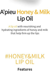 A'PIEU Honey & Milk Lip Oil texture swirl highlighting non-sticky feel.