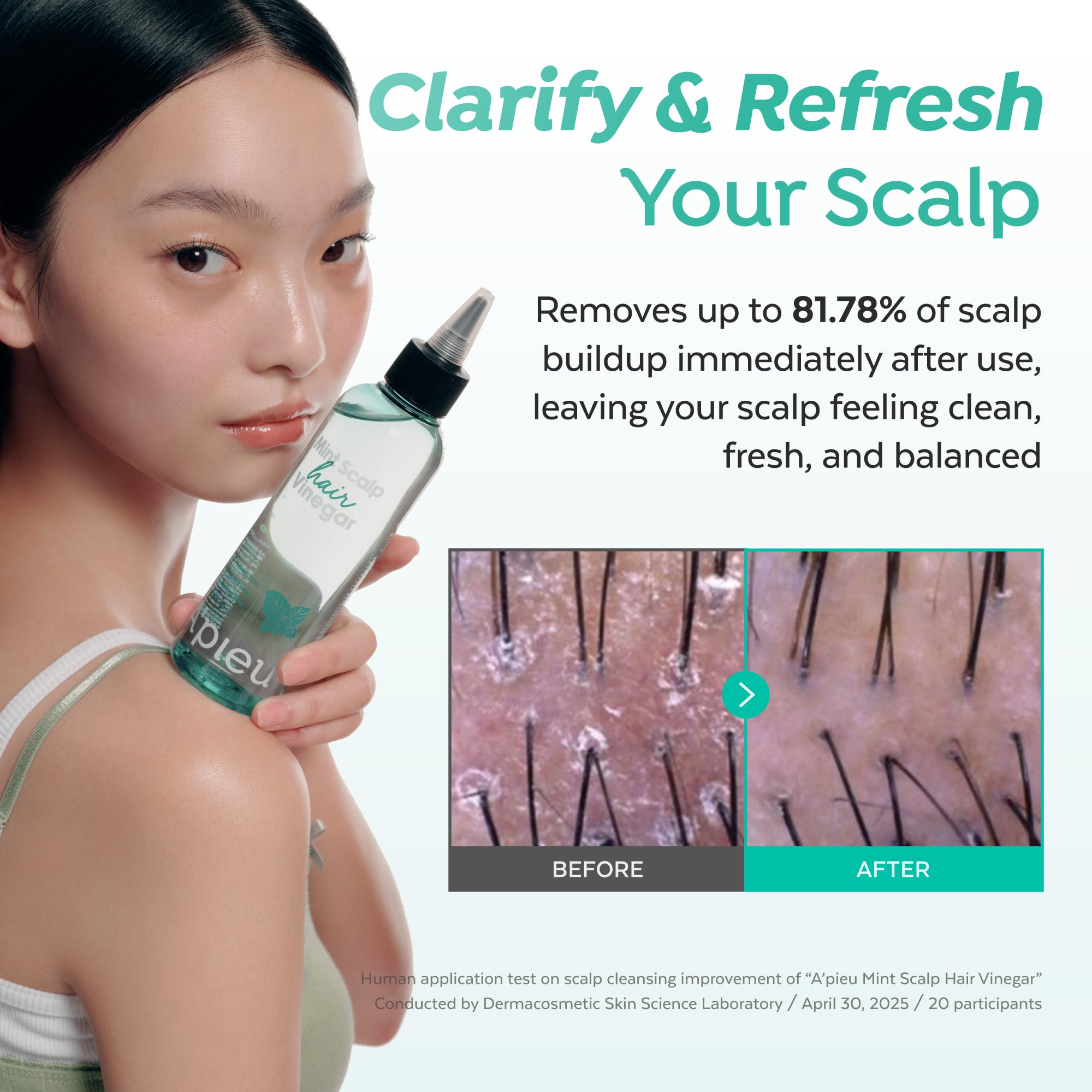 A’PIEU Mint Hair Vinegar application scene shows massage into scalp for balanced care.