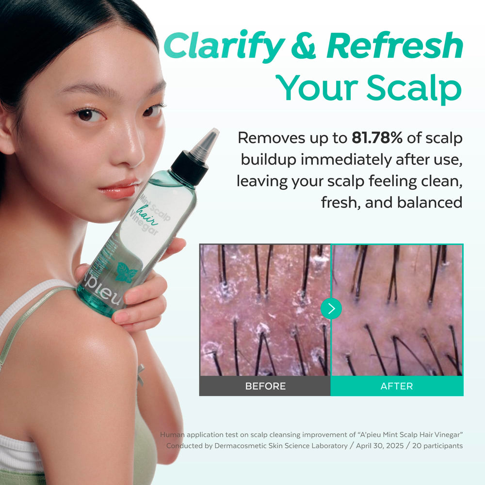 A’PIEU Mint Hair Vinegar application scene shows massage into scalp for balanced care.