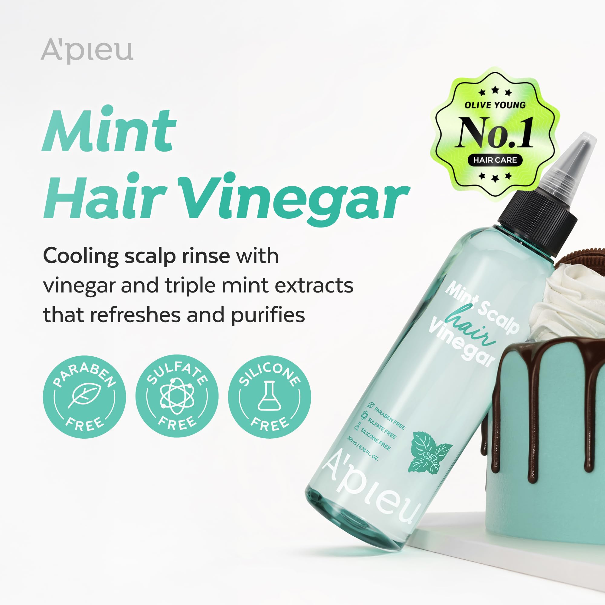 A’PIEU Mint Hair Vinegar close-up label highlights the mint formula benefits.