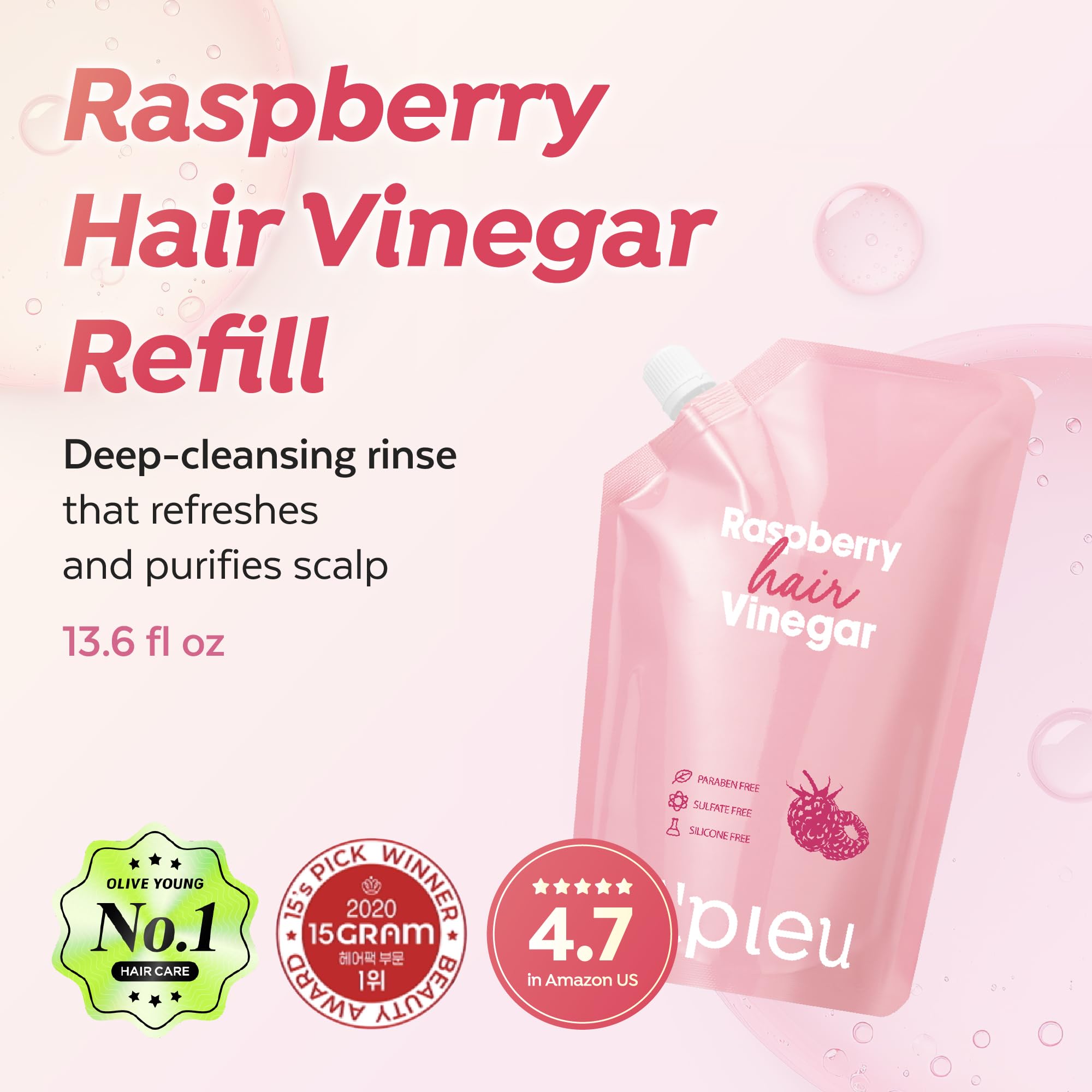 A'PIEU Raspberry Hair Vinegar bottle pour demonstrates lightweight, non-sticky formula.