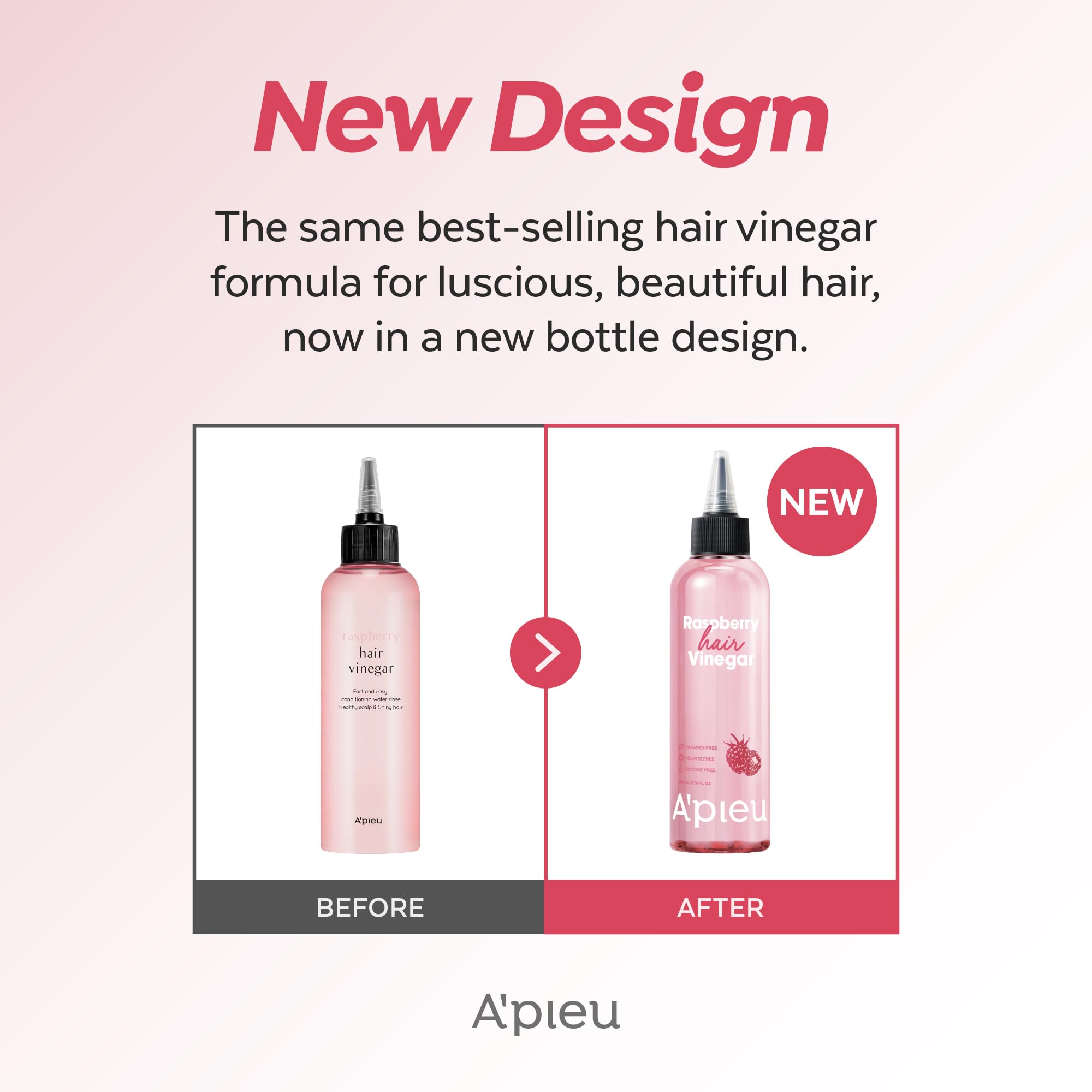 A’PIEU Raspberry Vinegar bottle close-up emphasizes natural ingredients and scalp care.
