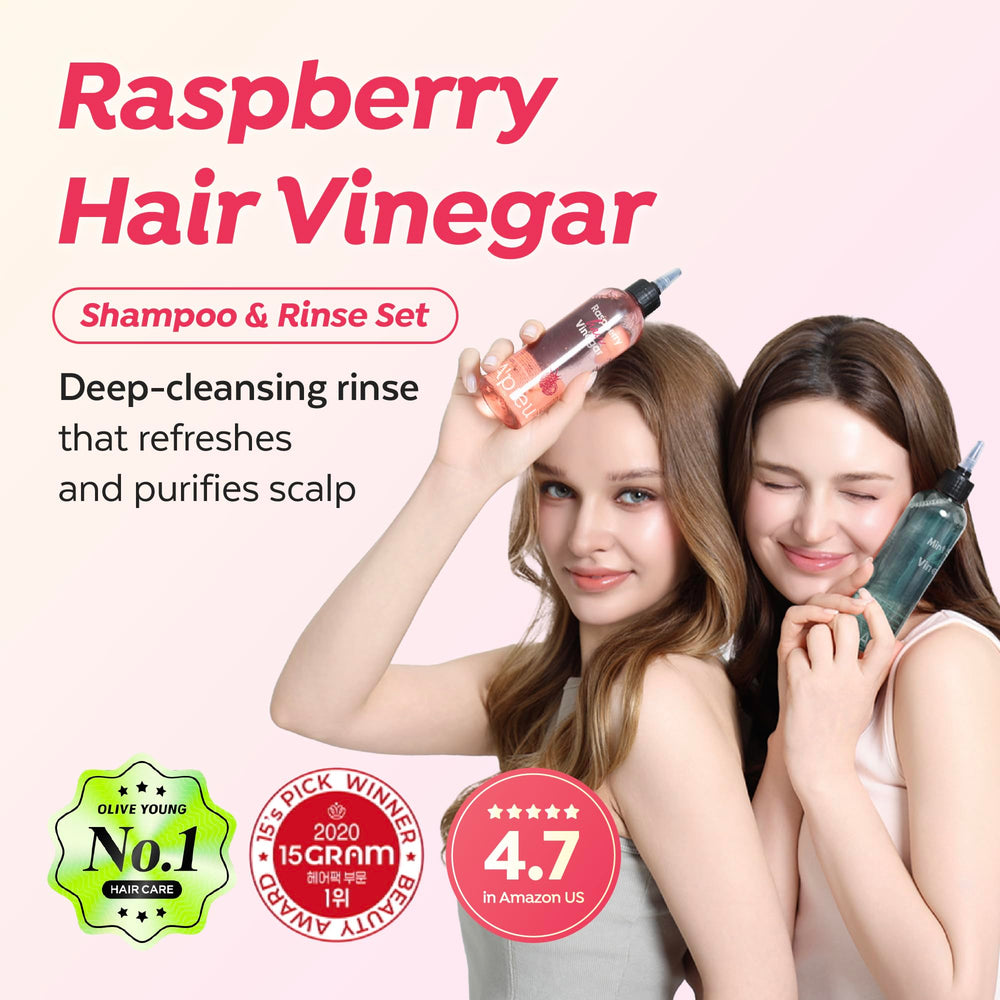 A’PIEU Raspberry Vinegar Rinse bottle pouring for pH-balanced cleansing.