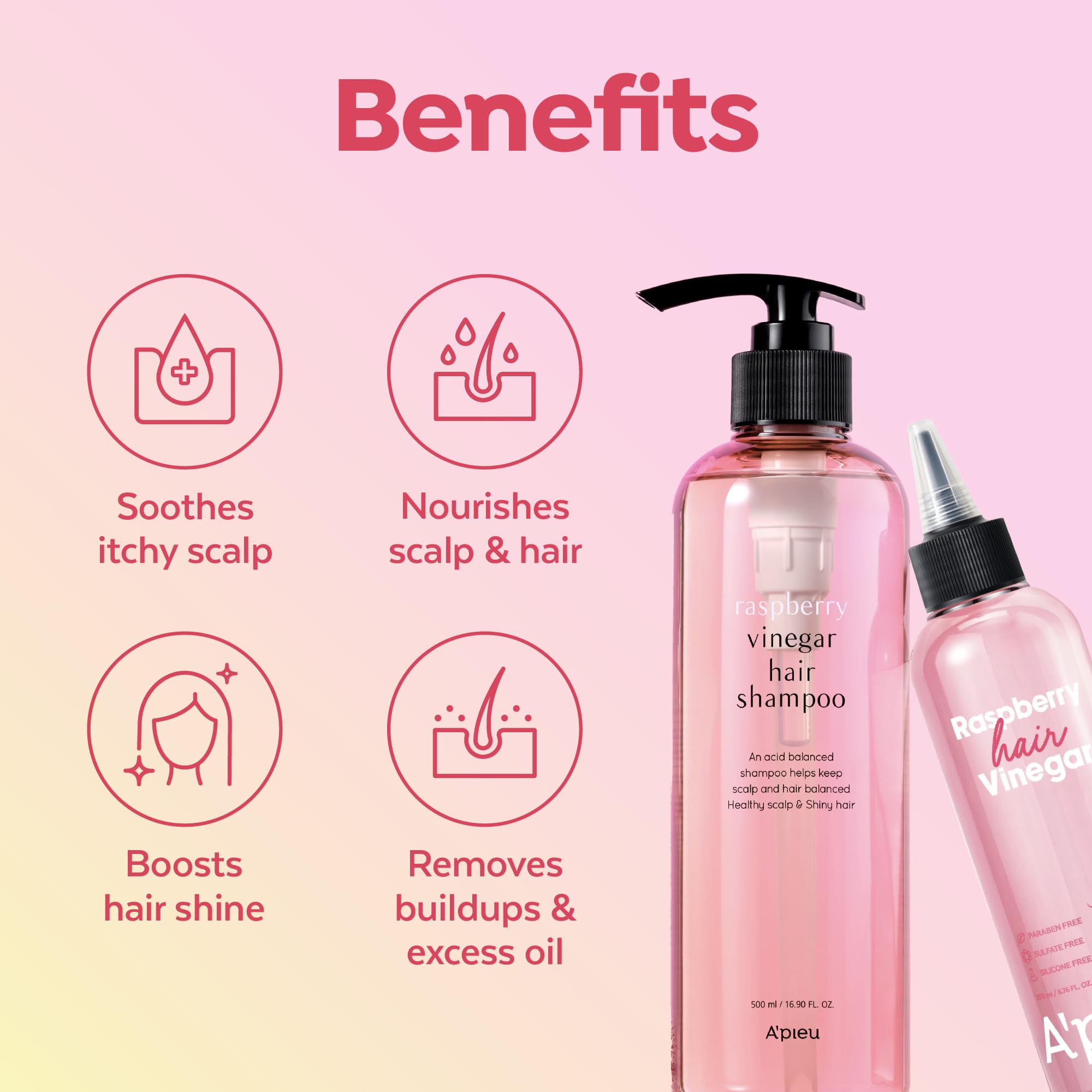 A’PIEU Raspberry Vinegar Rinse pour with droplets for gentle refreshing rinse.