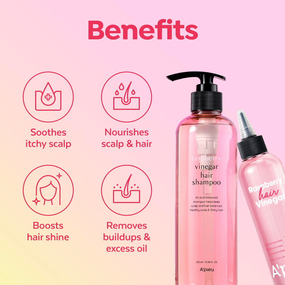 A’PIEU Raspberry Vinegar Rinse pour with droplets for gentle refreshing rinse.