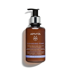 Apivita Cleansing Foam bottle with olive, lavender and propolis for gentle daily cleansing of face and eyes