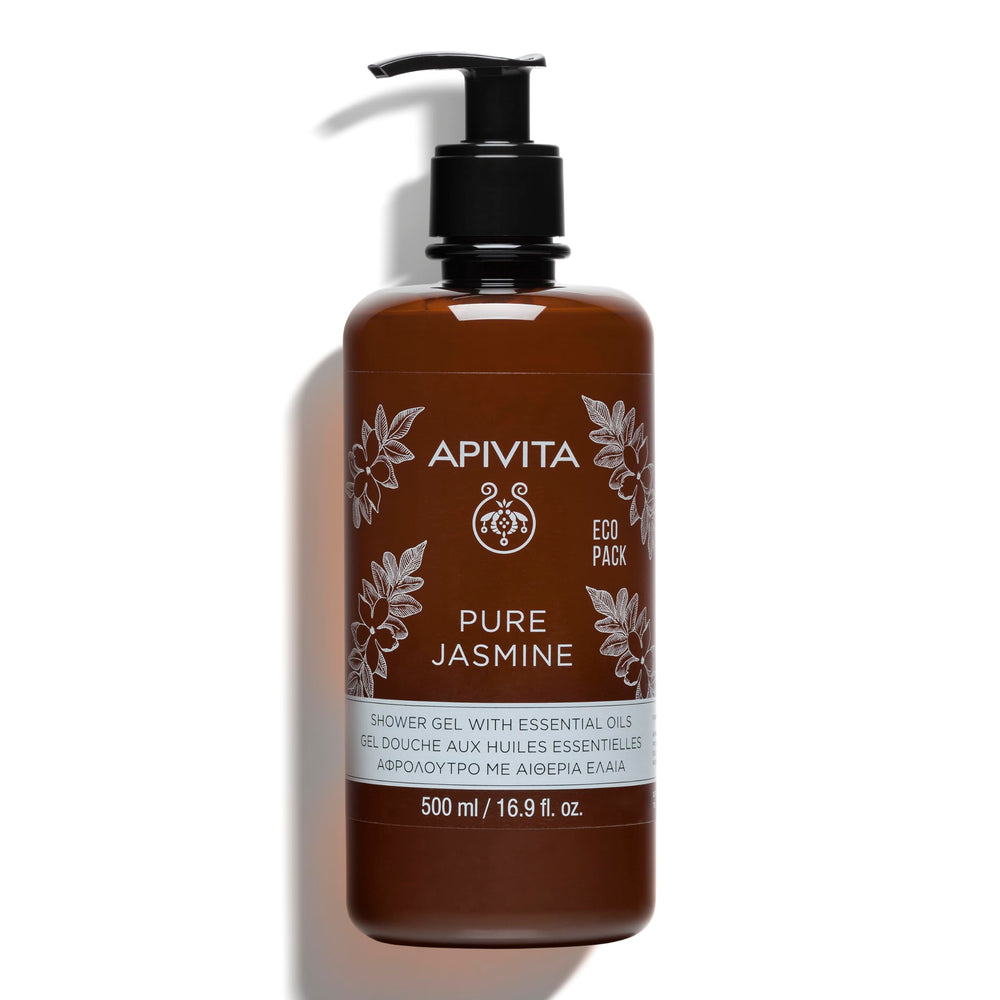 APIVITA Pure Jasmine Shower Gel bottle showing gentle cleansing and jasmine aroma