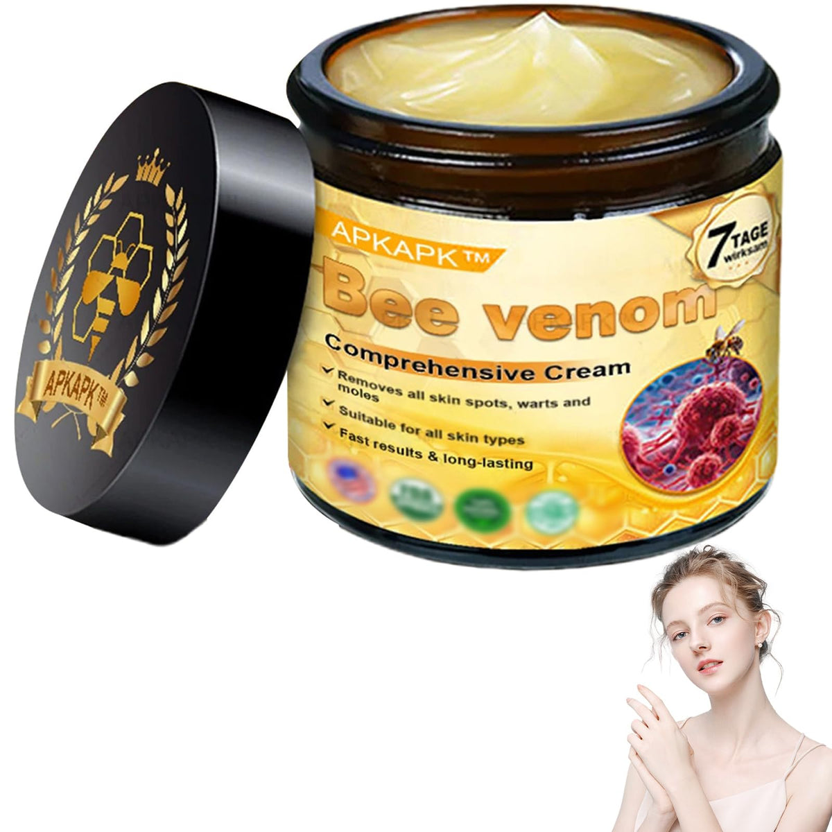 APKAPK Bee Venom Comprehensive Cream jar close-up showing rich texture for firming and hydration